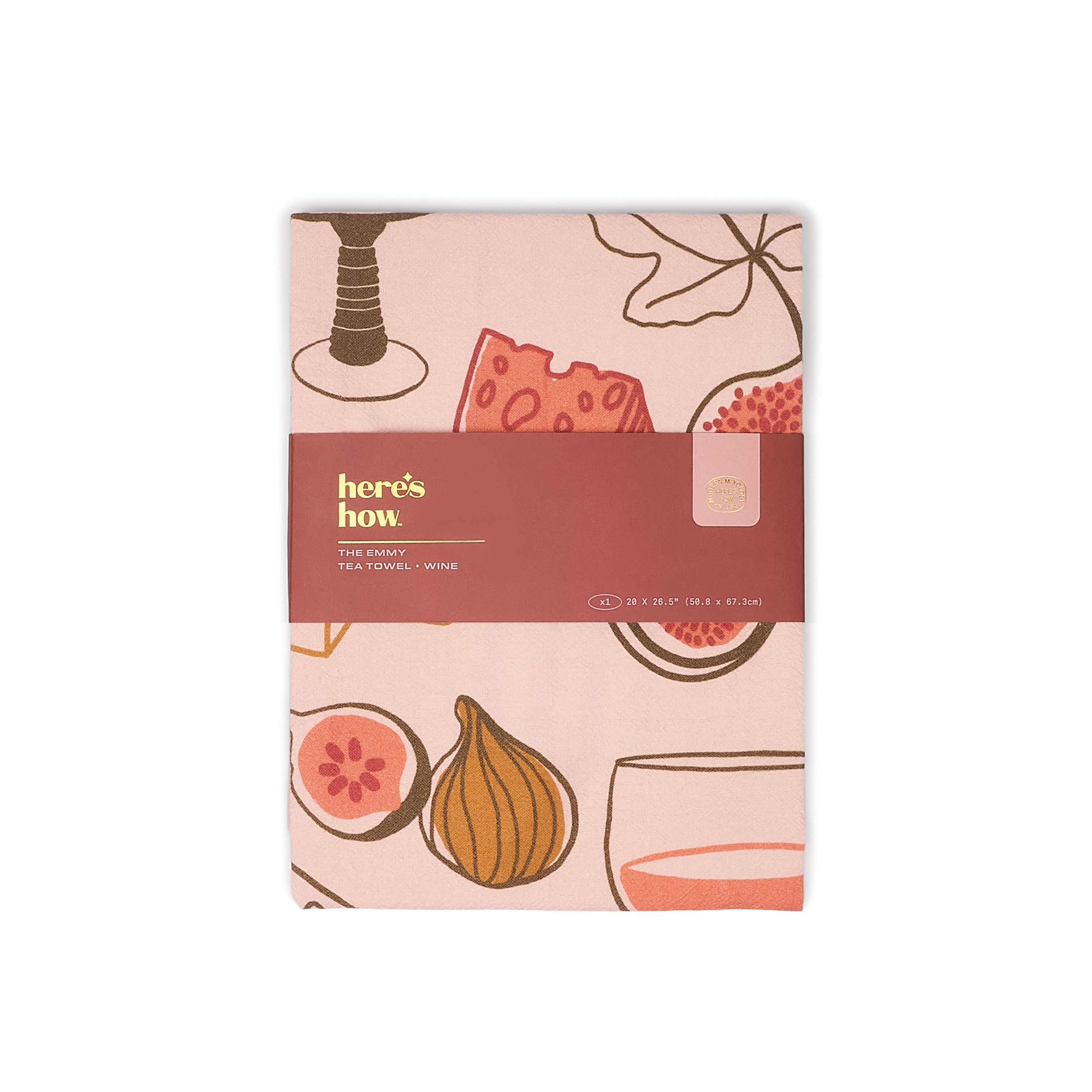 Packaged tea with fruit and glass illustrations on a pink background, featuring 'here's how' branding.