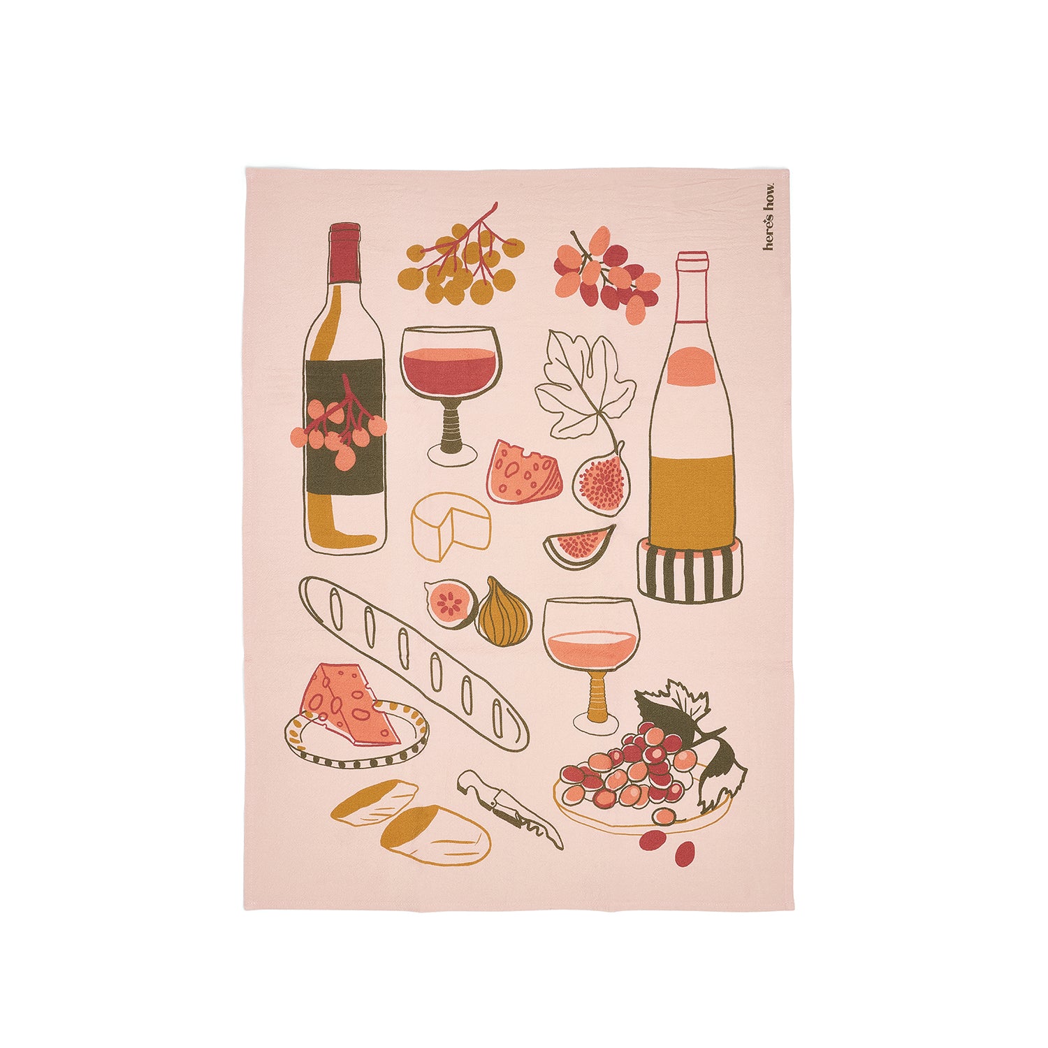 Tea towel with wine-themed illustrations on a pink background