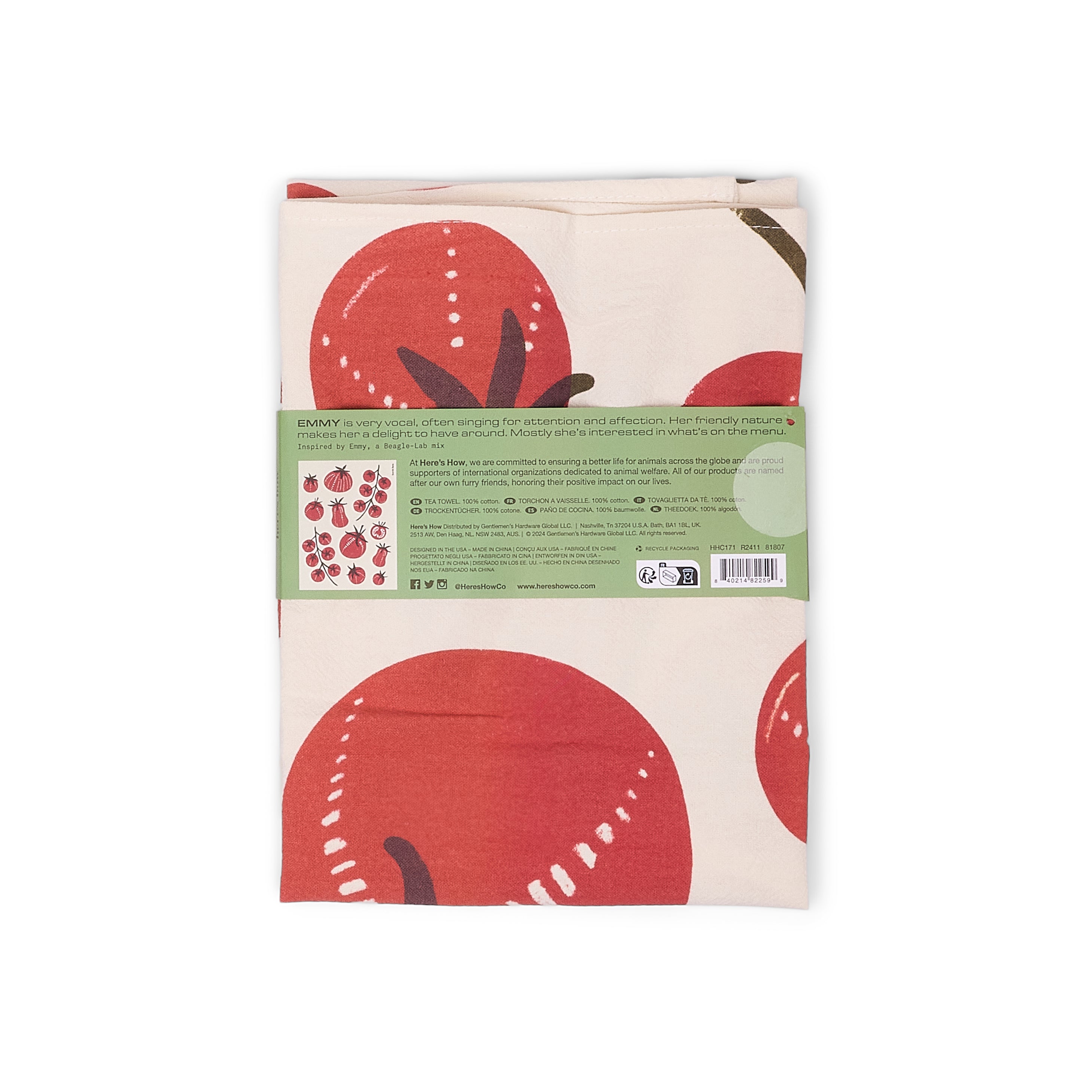 Product packaging with red circular designs on a beige background