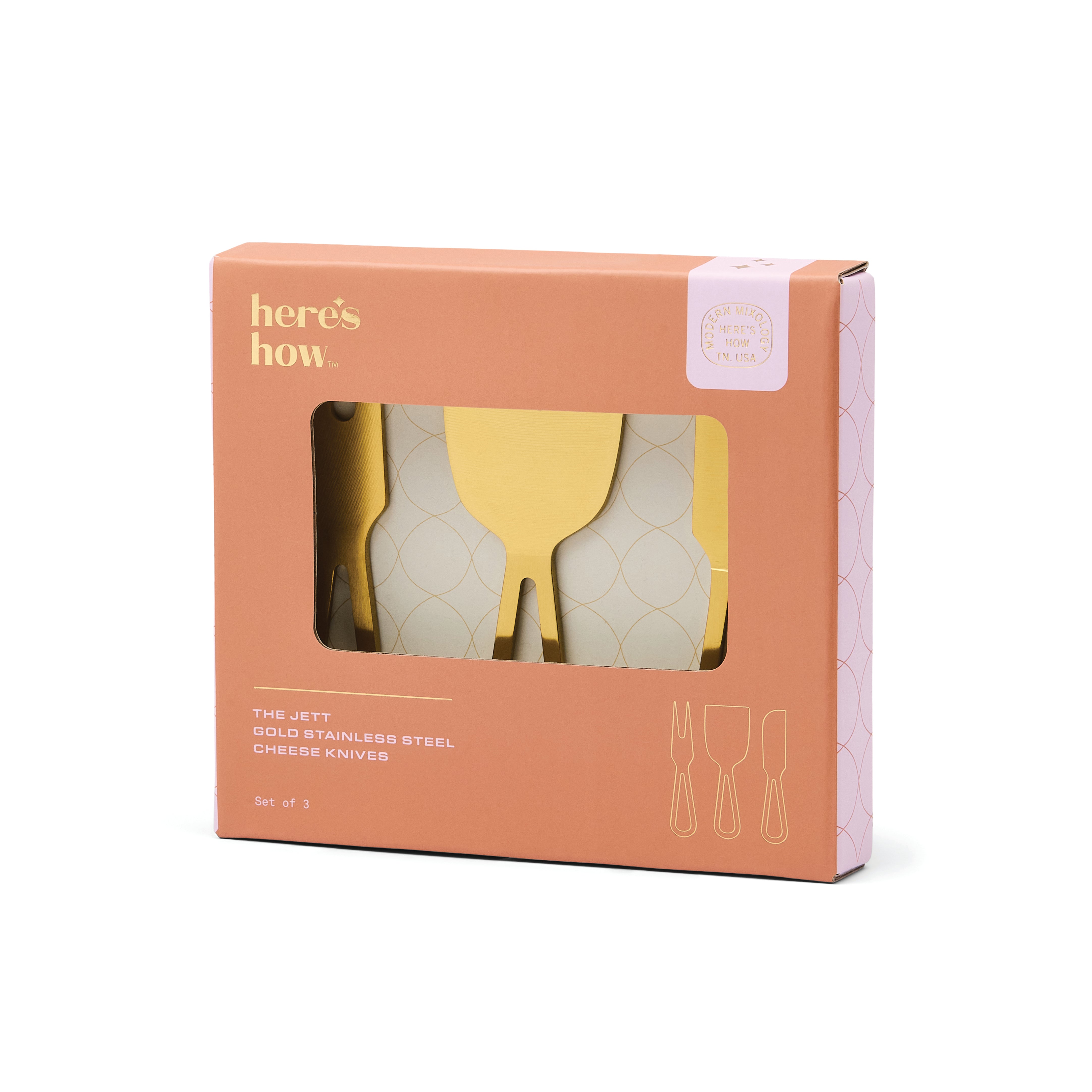 Packaging of cheese knives with 'here's how' branding on a white background