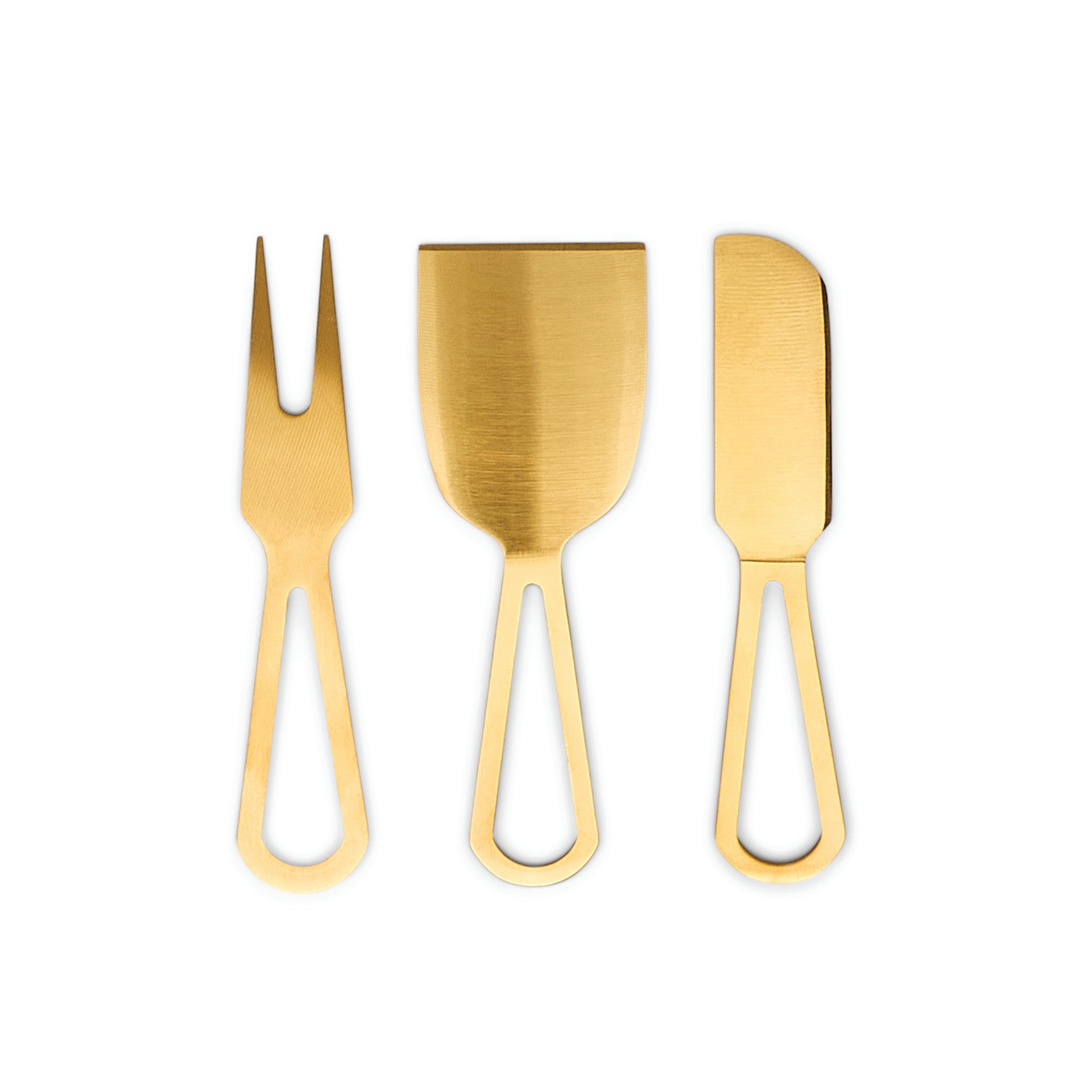 Set of three gold cheese tools on a white background