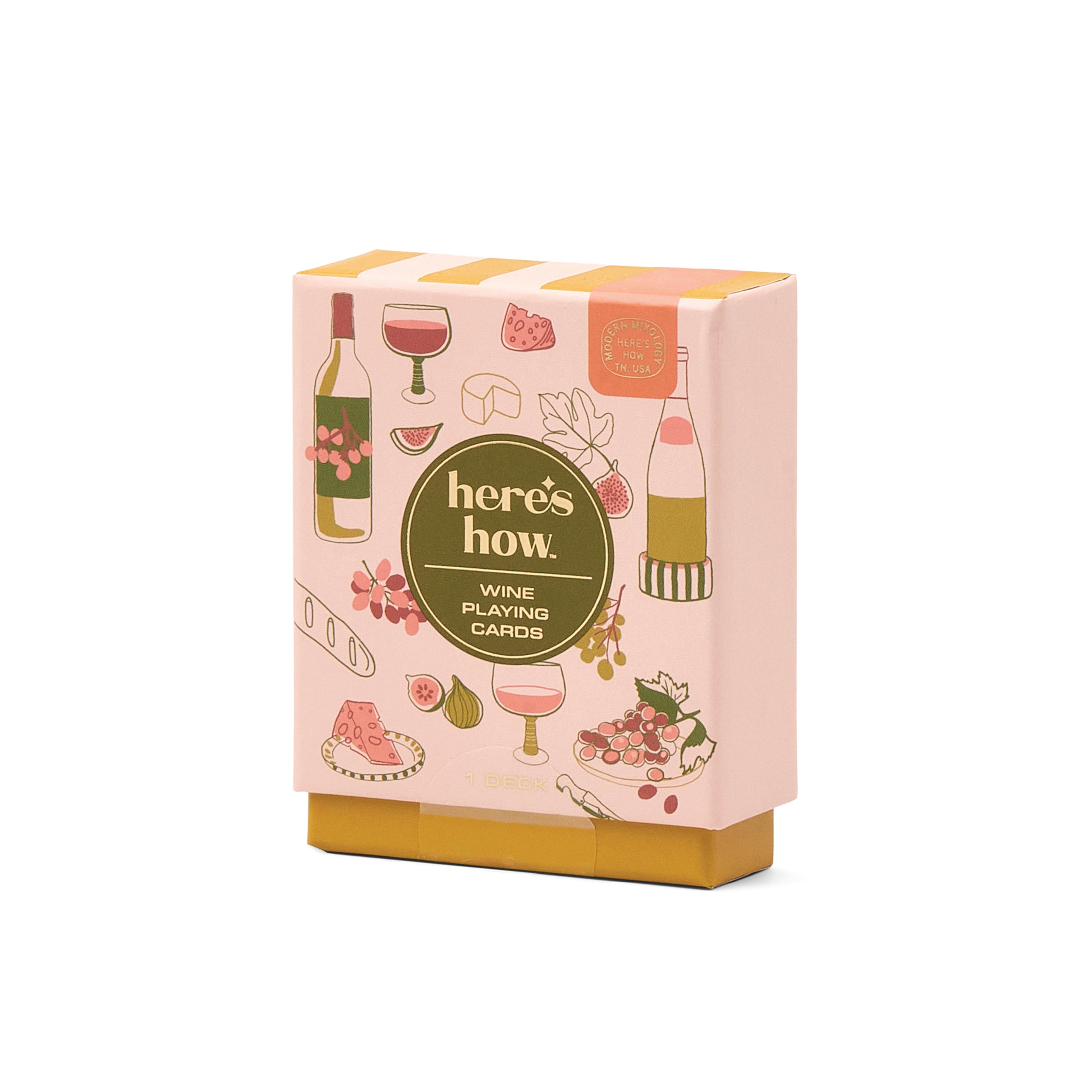 Pink box of 'here's how' wine playing cards with illustrations on a white background