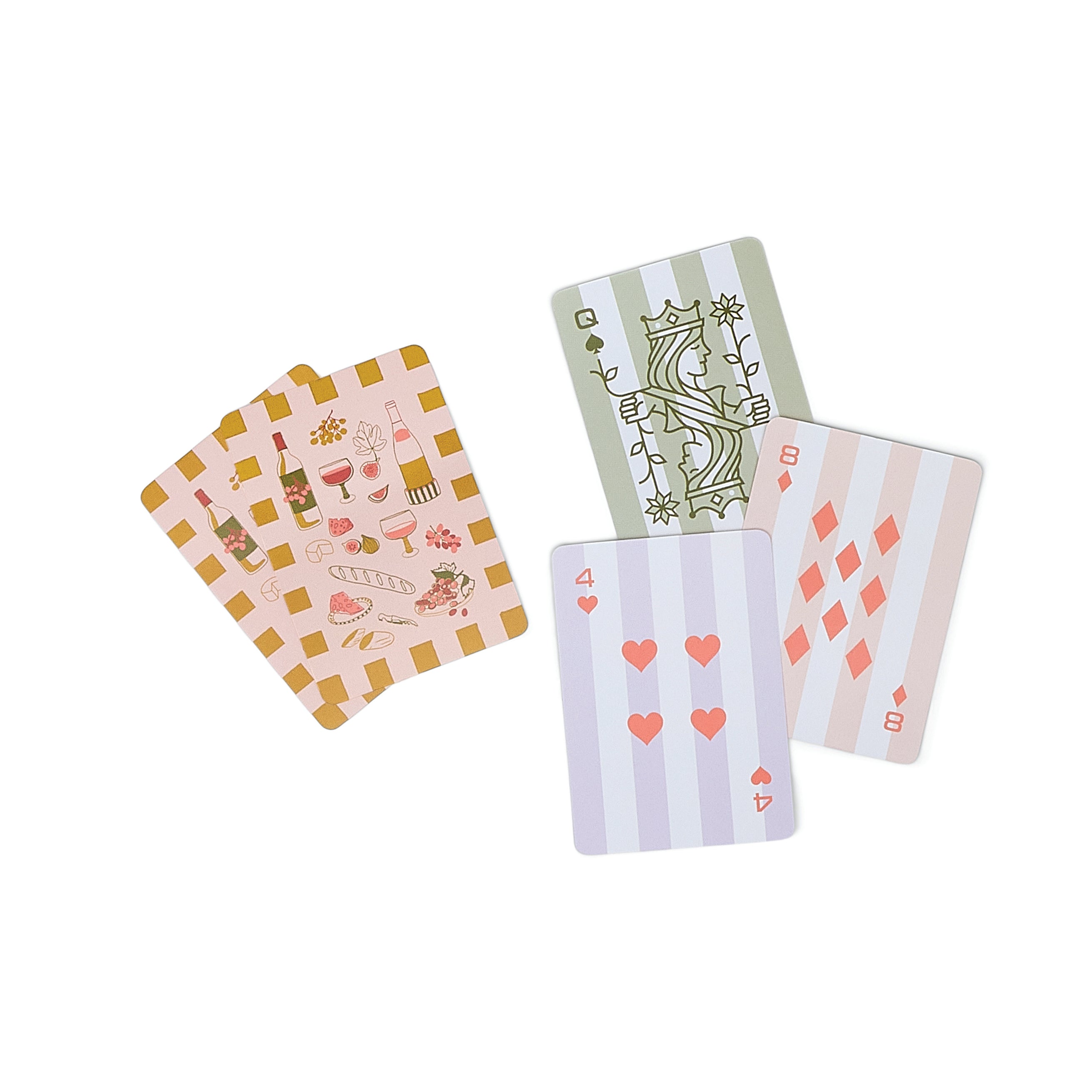 Four playing cards with different designs on a white background