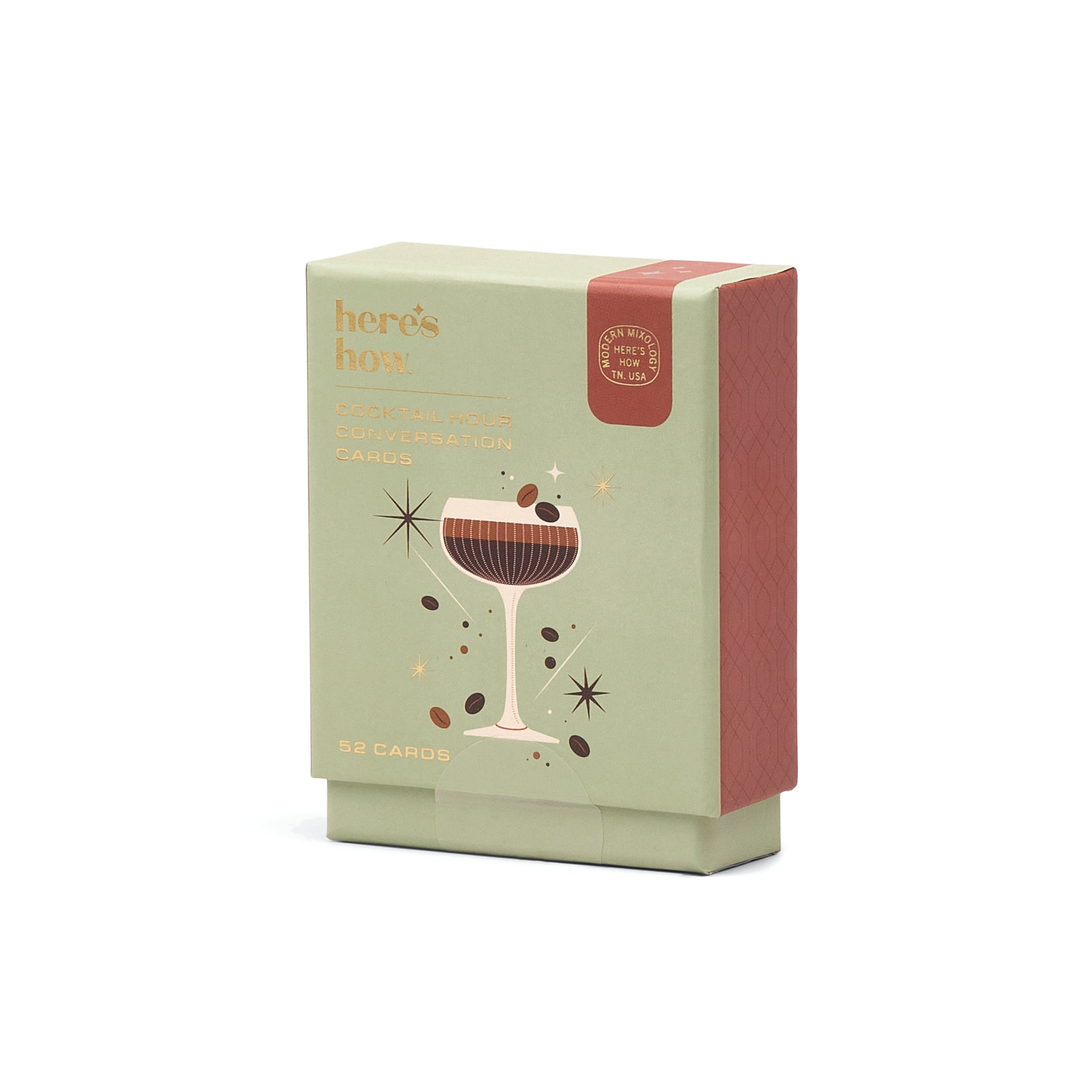 Green and red box with a cocktail illustration on a white background