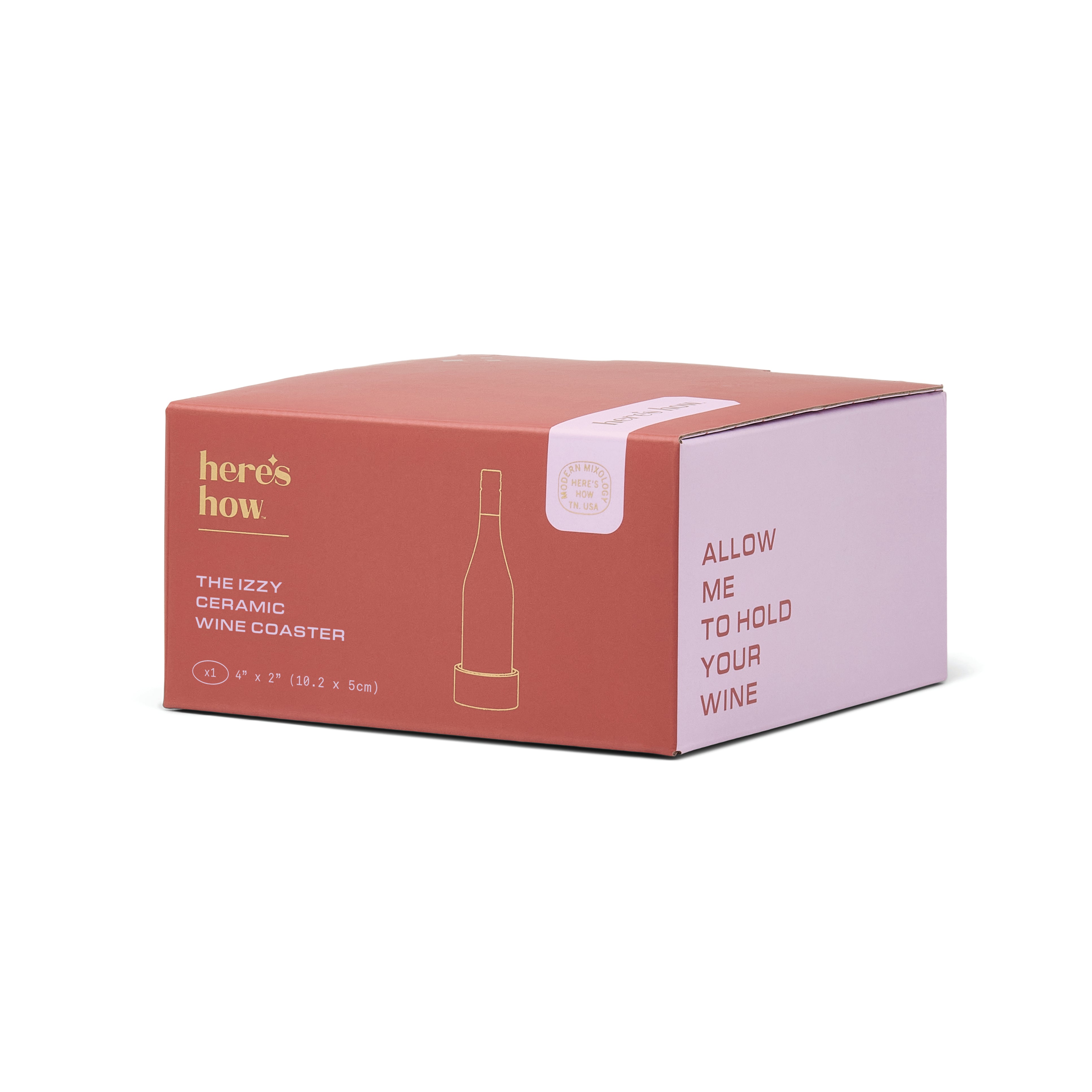A product box for 'here's how' ceramic wine coasters, featuring a deep red front panel with gold text and a bottle outline, and a lavender side panel with pink text reading 'ALLOW ME TO HOLD YOUR WINE'.