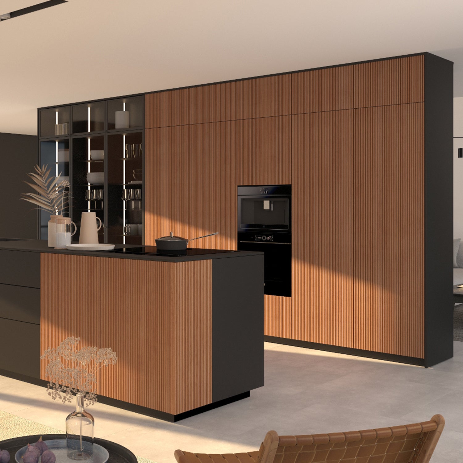 Modern handleless Schröder German kitchen with vertical wood slat cabinetry, matte black island, integrated appliances, and open shelving – elegant and minimalist kitchen design by Iroka Interiors in Cornwall.