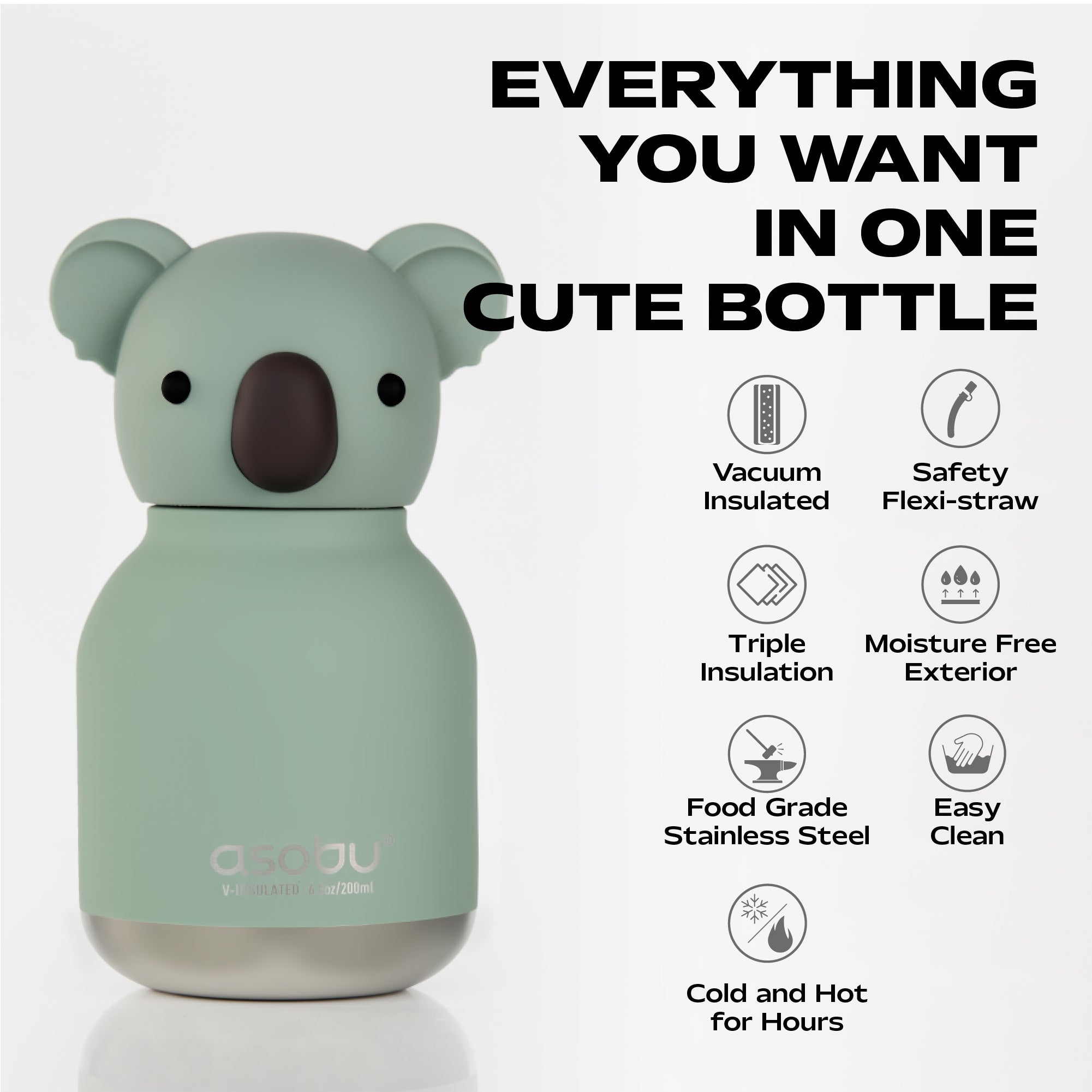 A cute koala-shaped insulated bottle in pale mint green with a dark brown nose and black eyes, shown on a light gray background with large text reading 'EVERYTHING YOU WANT IN ONE CUTE BOTTLE' and a list of features on the right.