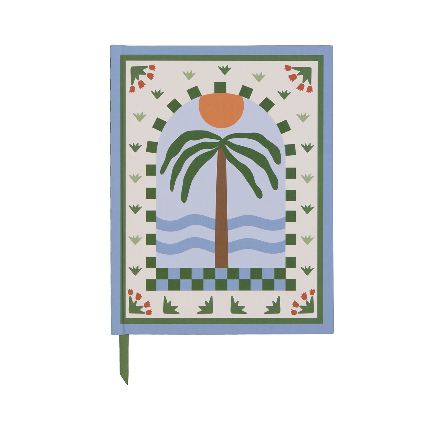 A journal with a whimsical hand-drawn design featuring a palm tree, sun, and abstract patterns in blue and green colors.