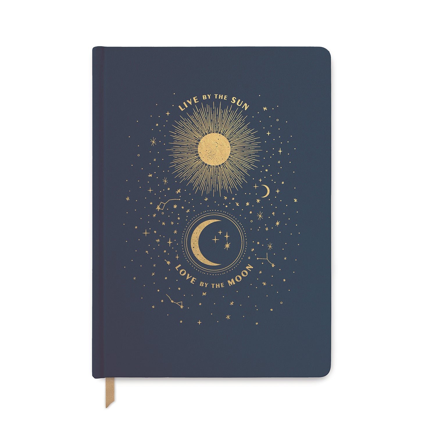 A navy-colored journal with a gold foil design featuring the sun and moon on the cover, along with the text 'Live By The Sun - Love By The Moon'.