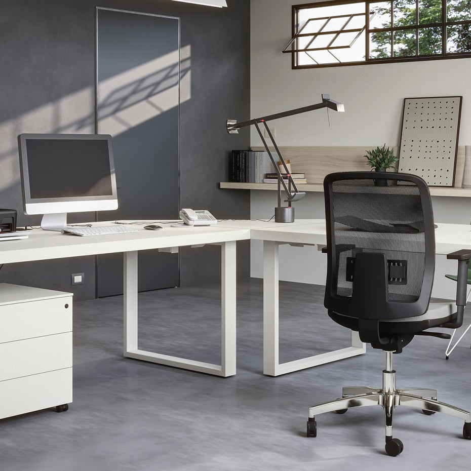 Contemporary office space design, showcasing a clean white desk setup with ergonomic mesh chair, matte grey walls, minimalist décor, and modern lighting for a professional working environment.