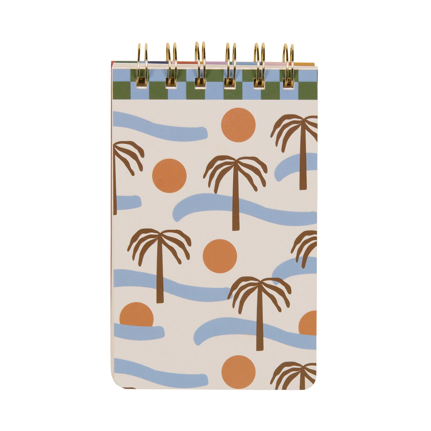 A notepad with a beige background featuring hand-drawn palm trees and geometric patterns in blue and orange, with a twin wire binding.