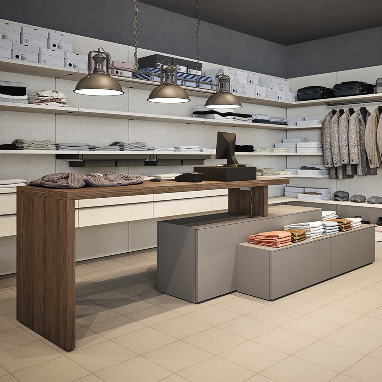Modern retail space interior featuring minimalist wall-mounted shelving, industrial pendant lighting, and contemporary wooden display counters