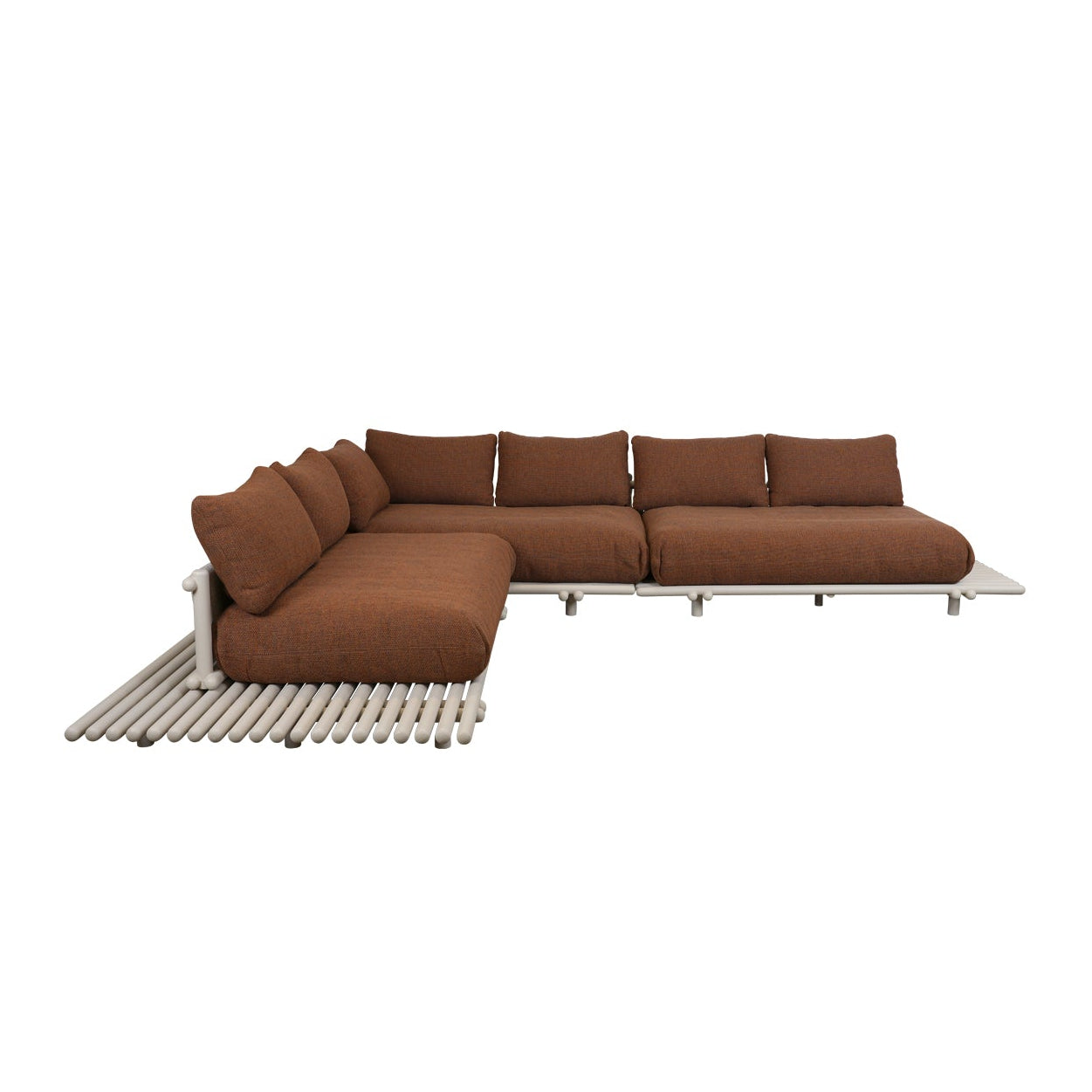 A modern sectional sofa with brown cushions and a white slatted base, shown on a plain white background.