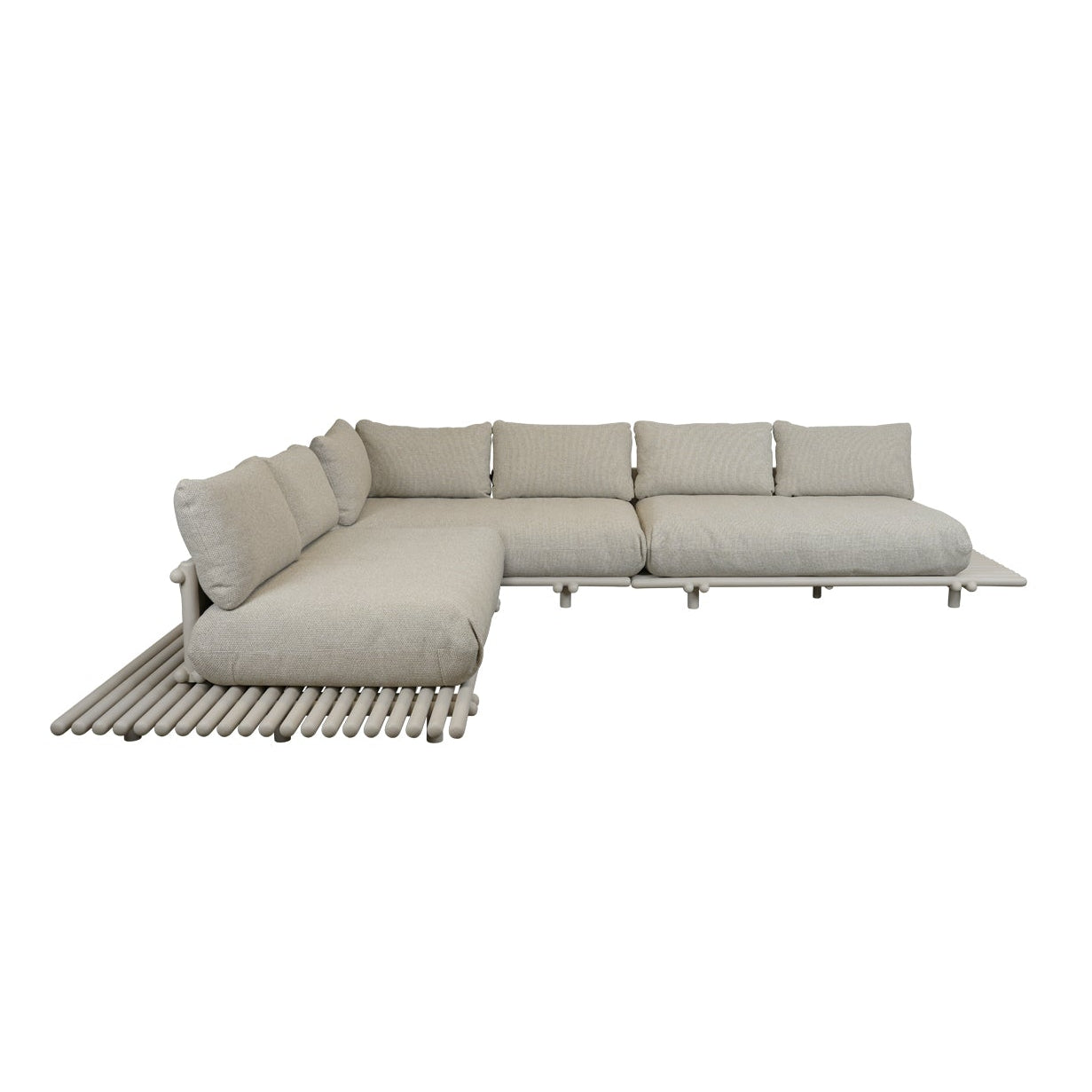 A modern outdoor sectional sofa with light beige cushions and a silver metal frame, shown on a solid white background.