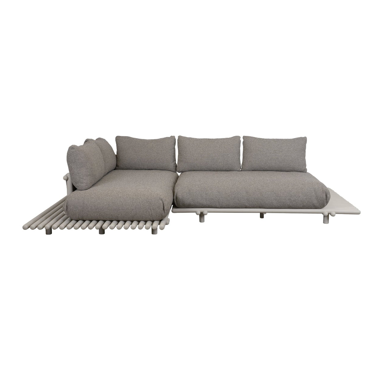 A modern outdoor sectional sofa with a light gray fabric cushioned body and a white slatted metal base, shown against a plain white background.