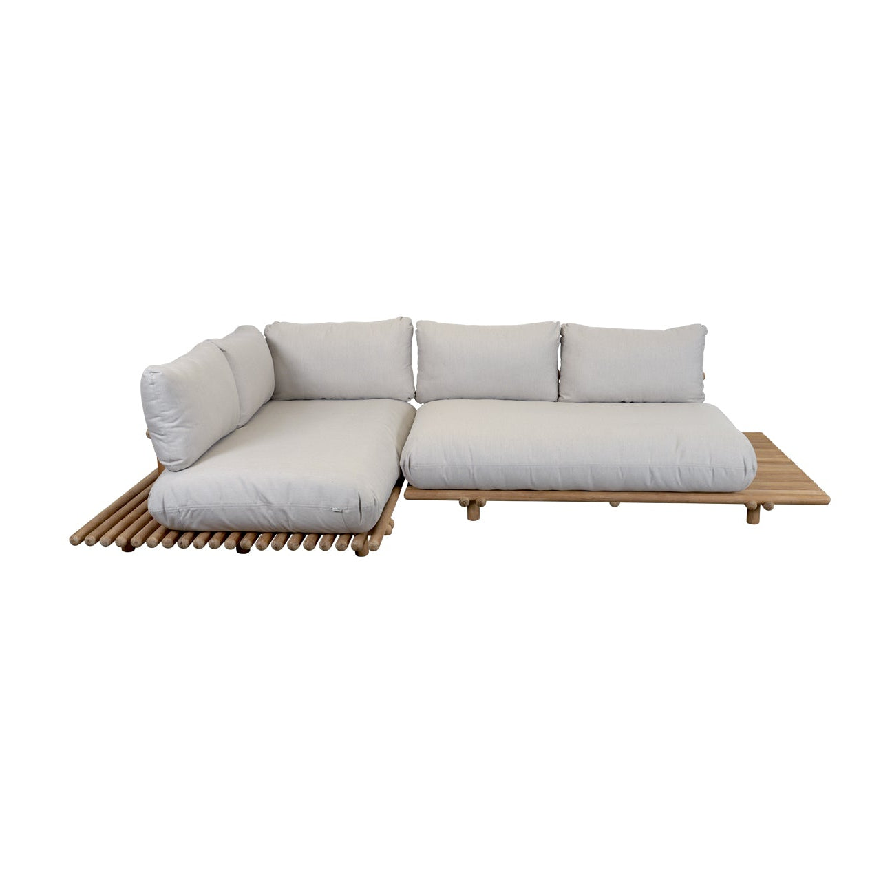 A modern outdoor sectional sofa with light gray cushions and a natural wood slat base, shown against a plain white background.