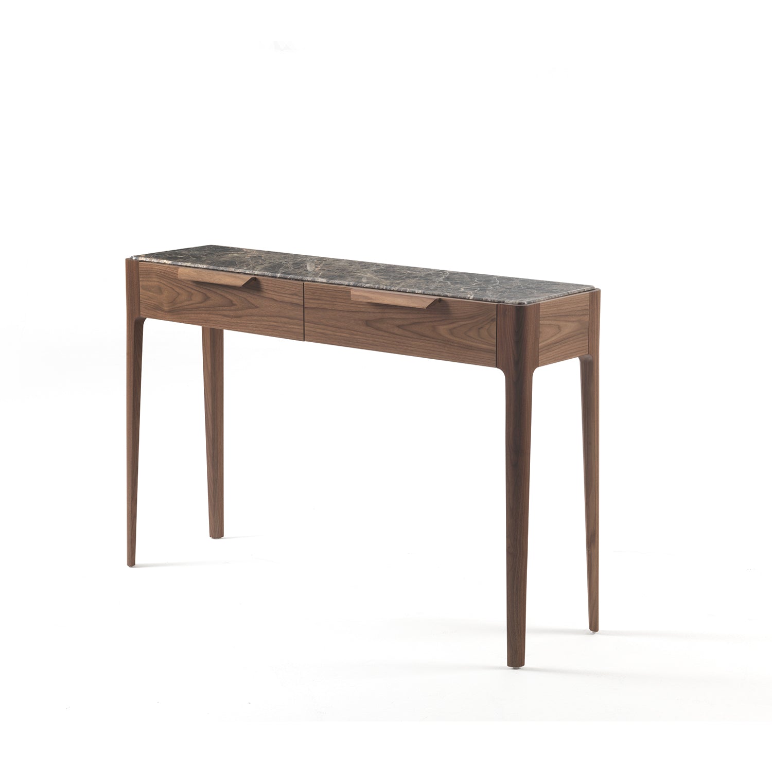 Wooden console table with marble top on a white background