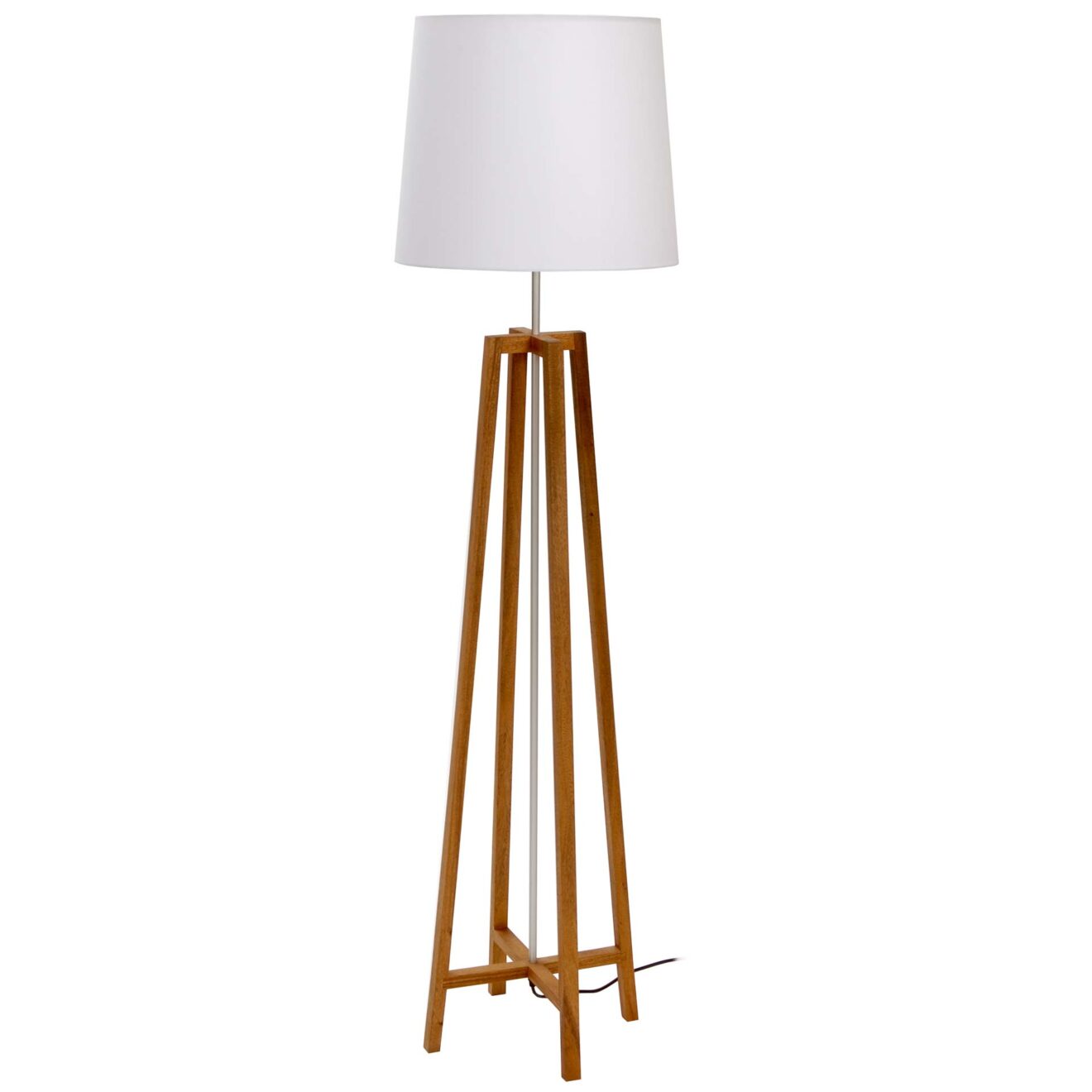 A modern tripod floor lamp with a white fabric drum shade and a natural wood tripod base, shown against a plain white background.