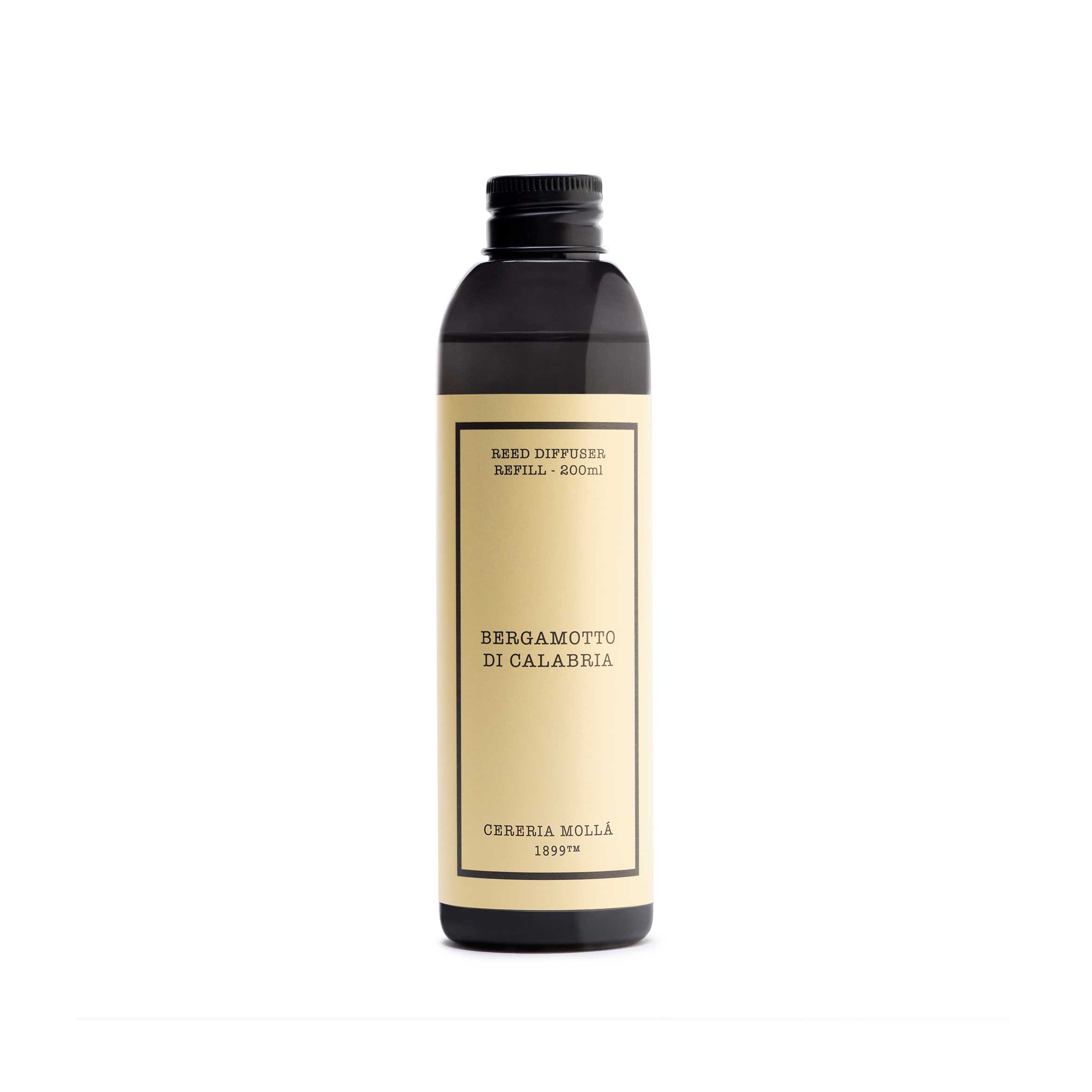A dark amber glass bottle with a cream-colored label, featuring the brand name 'Cereria Molla' and scent name 'Bergamotto di calabria'.