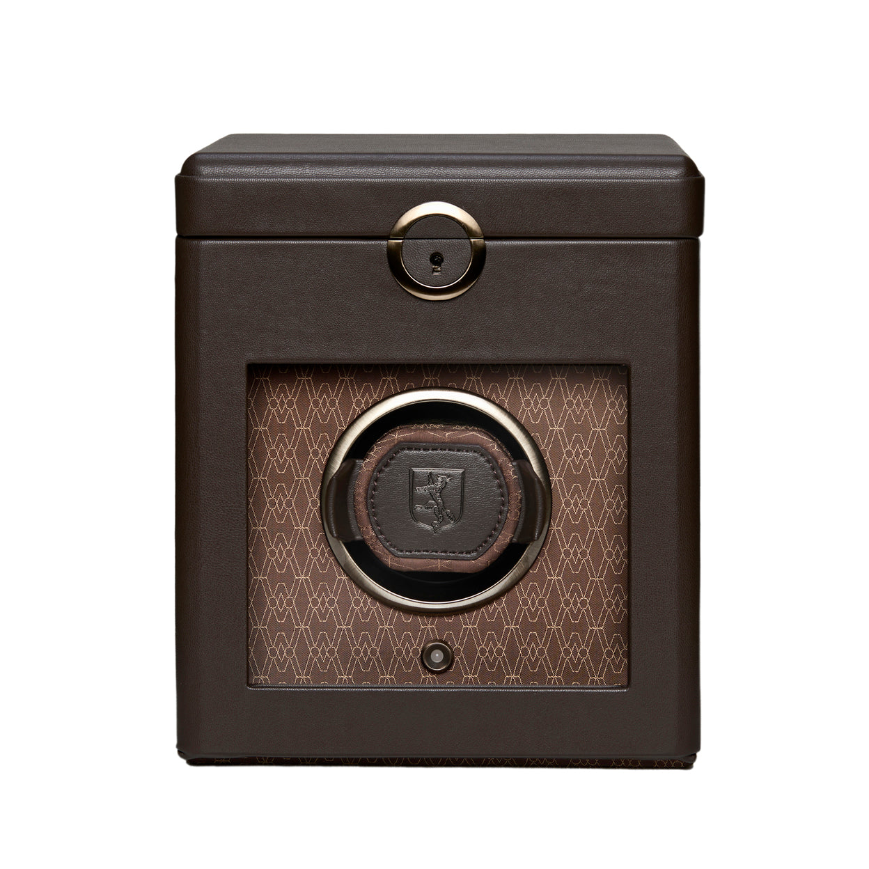 Brown watch winder with geometric pattern on a white background