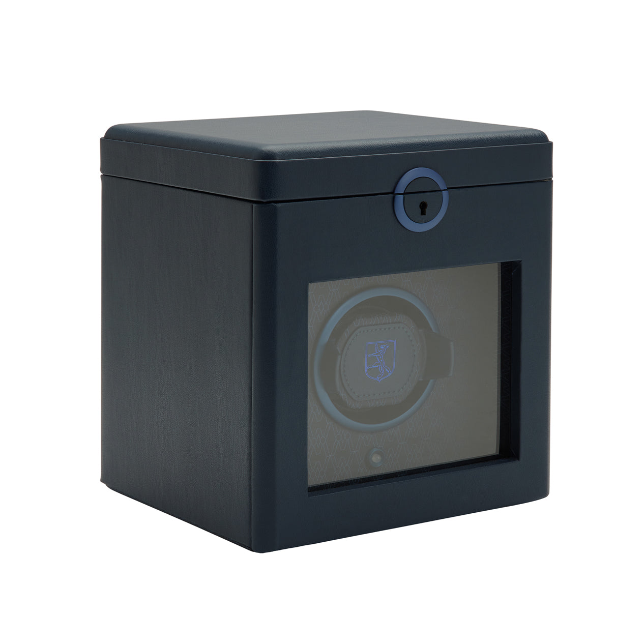 Blue watch winder with a screen on a white background