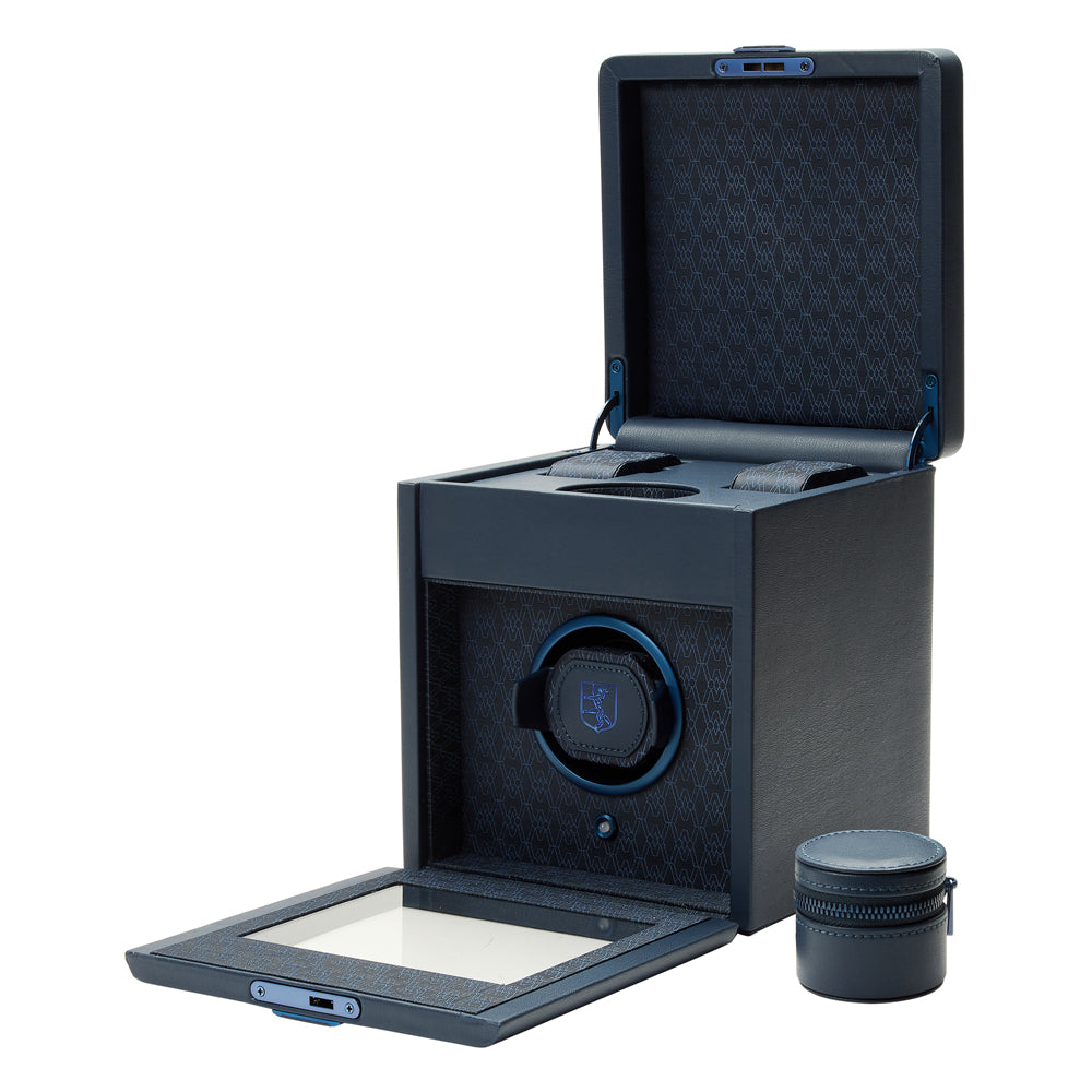 Dark Blue watch winder with open lid on a white background