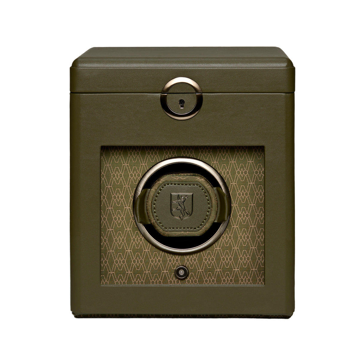 Green watch winder with geometric pattern on a white background