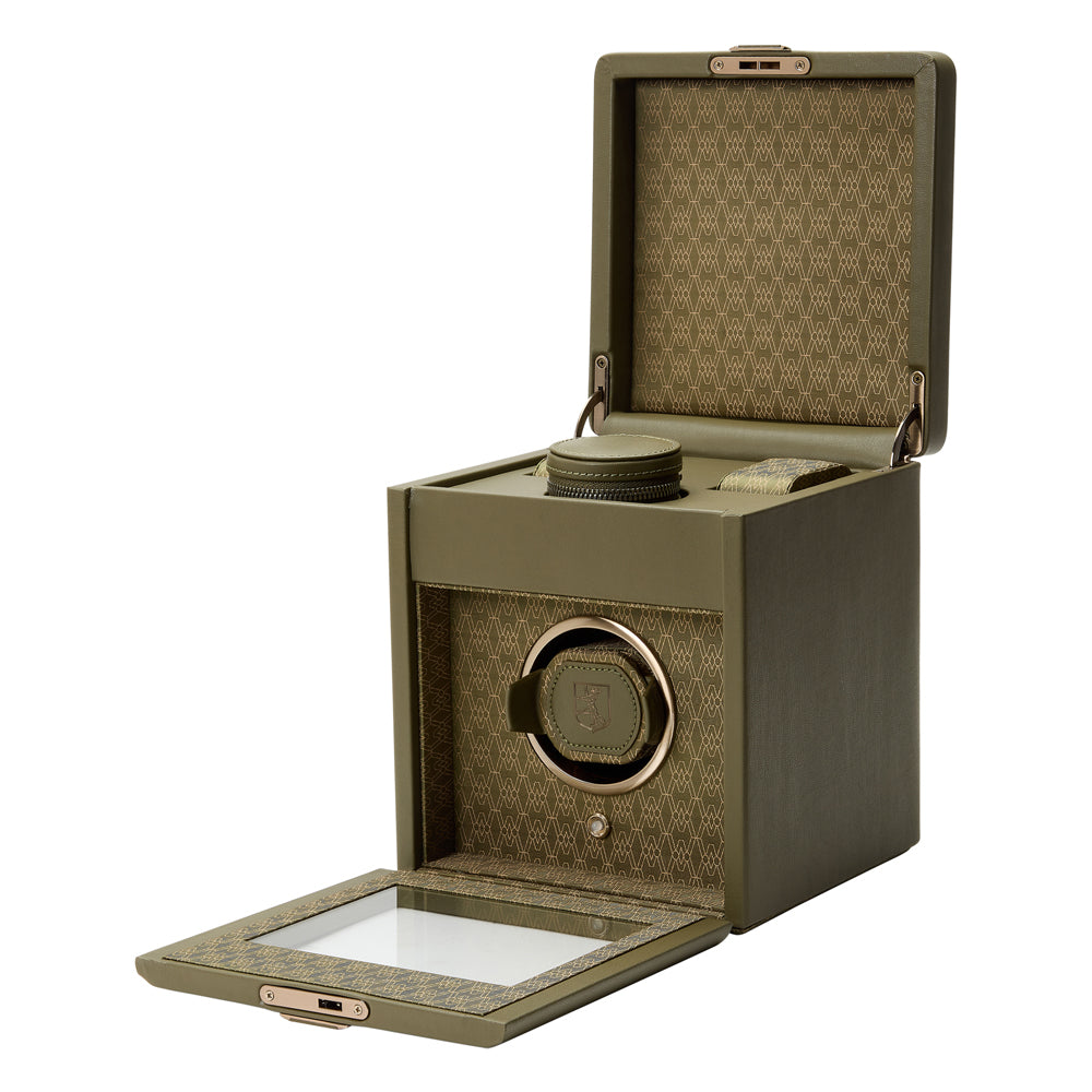 Olive Green watch winder with open lid on a white background