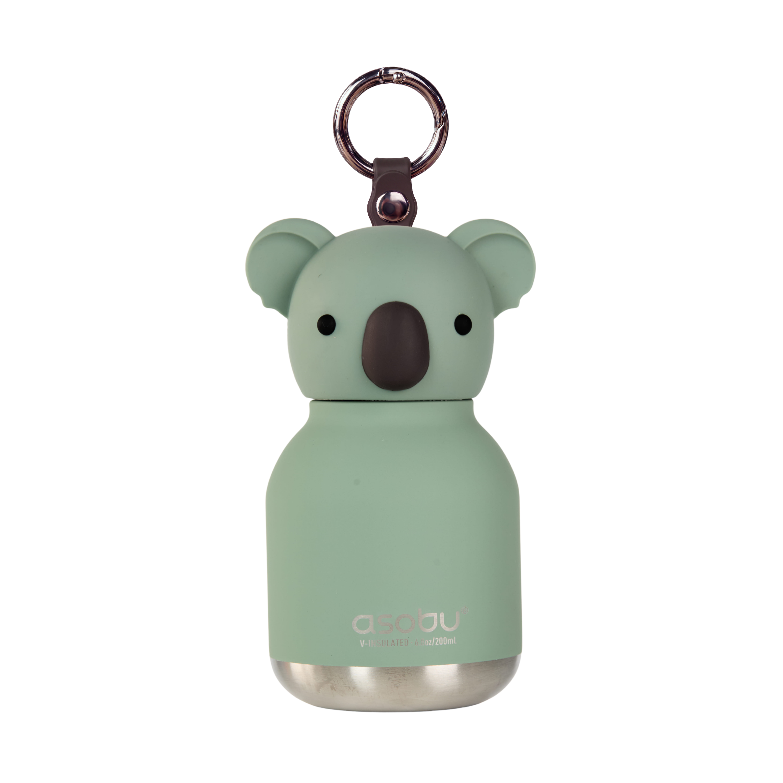 Mint green koala-shaped bottle with a keychain on a white background