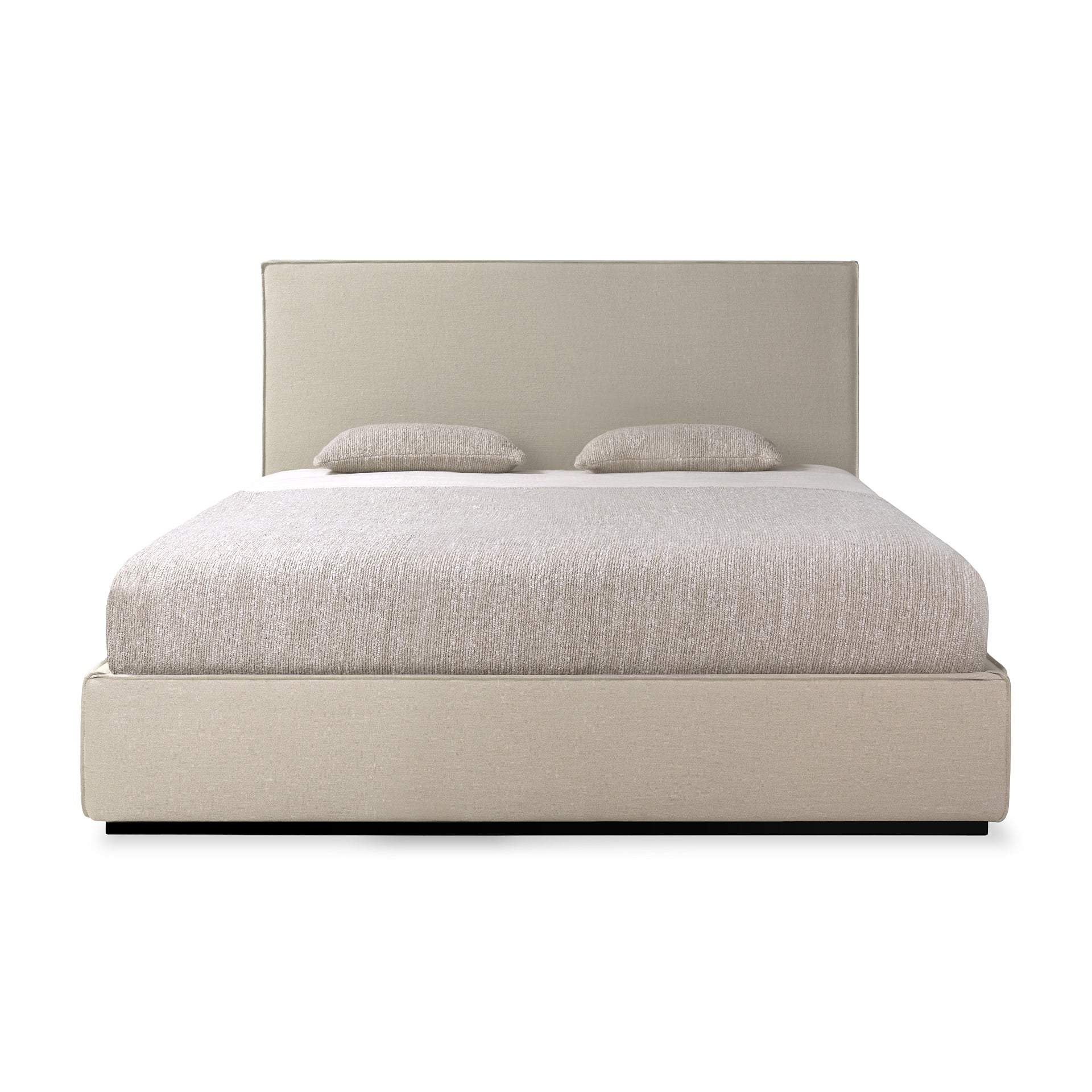 Beige upholstered bed with a matching headboard on a white background
