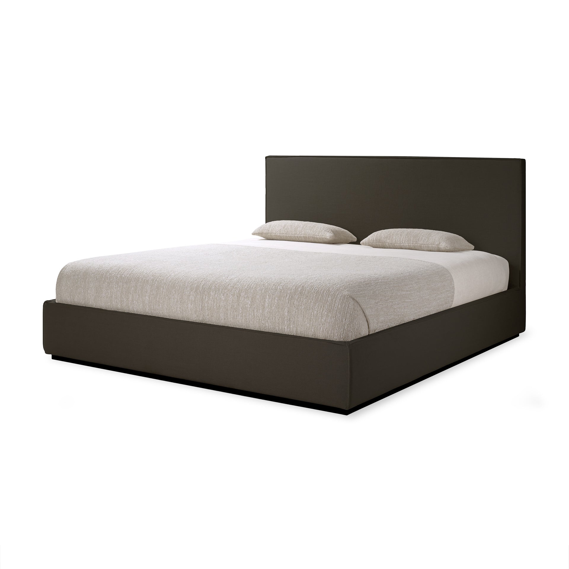 Bed with brown frame and white mattress on a white background