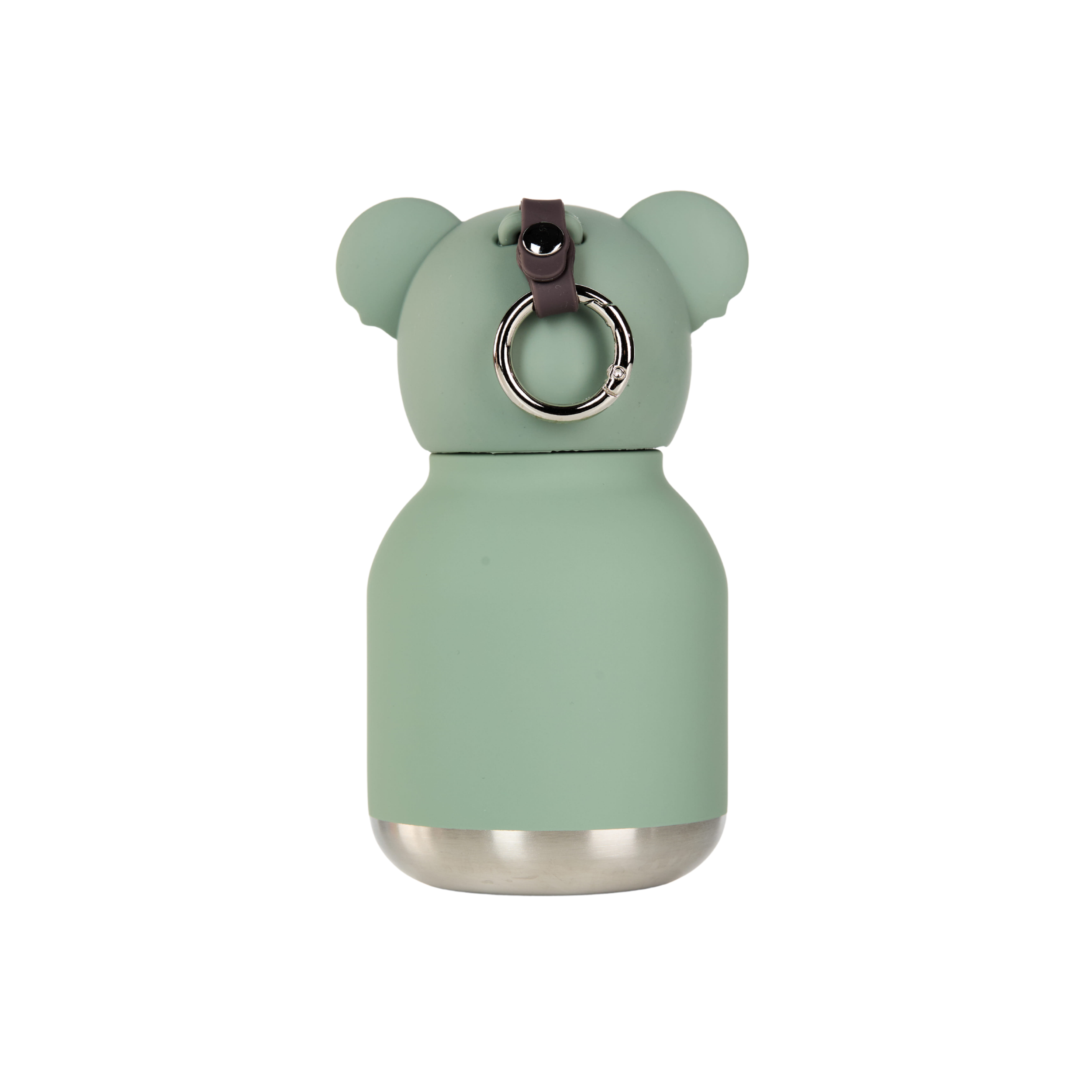 Mint green bottle with bear-shaped cap on a white background
