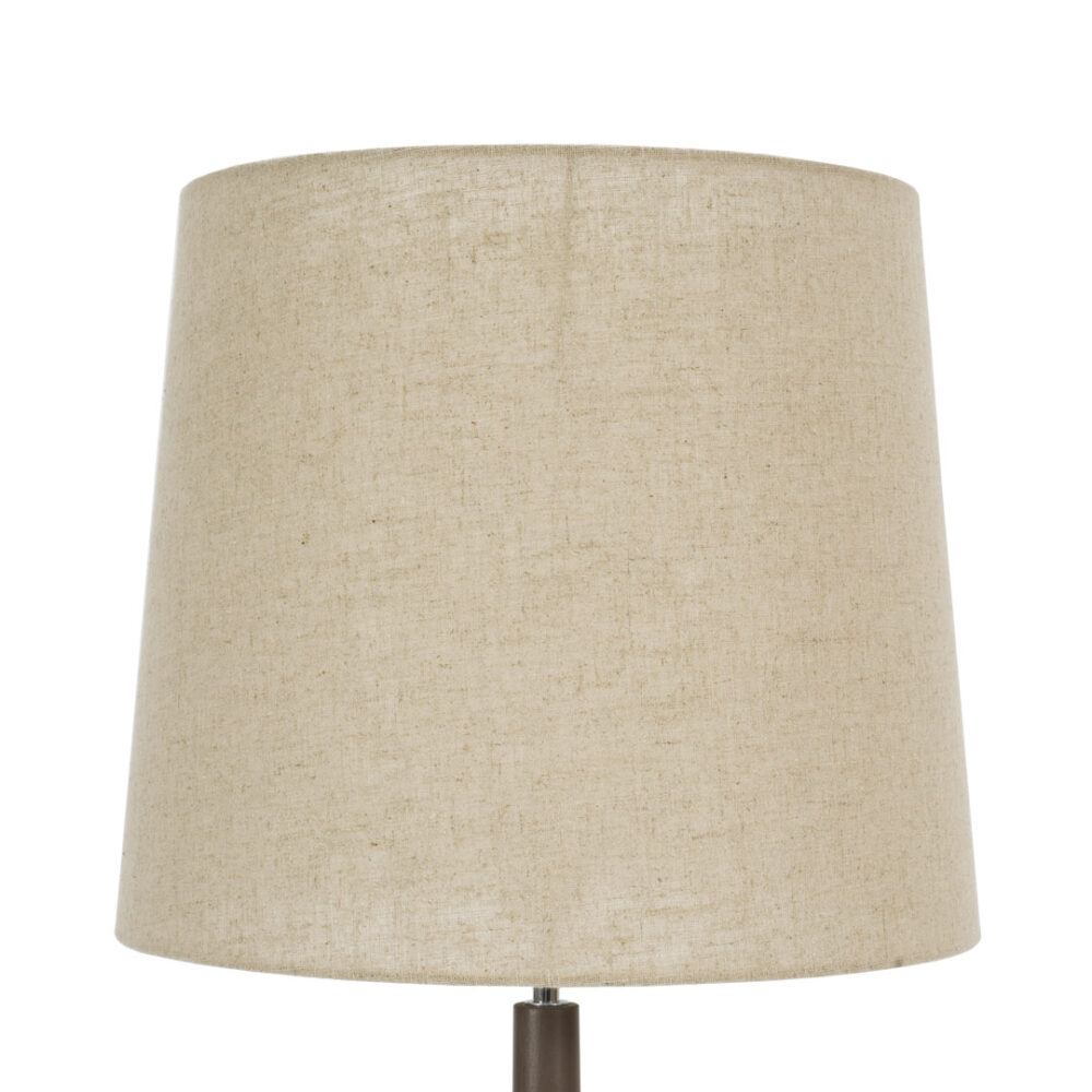 A large drum-style table lamp shade made of textured beige linen-like fabric, shown against a plain white background.