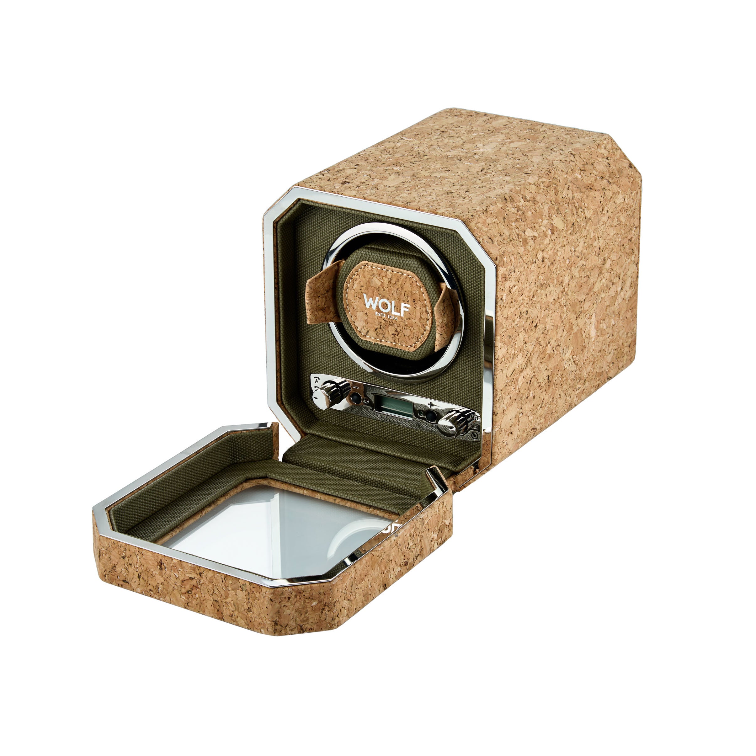 Cork watch winder with a visible brand logo on a white background