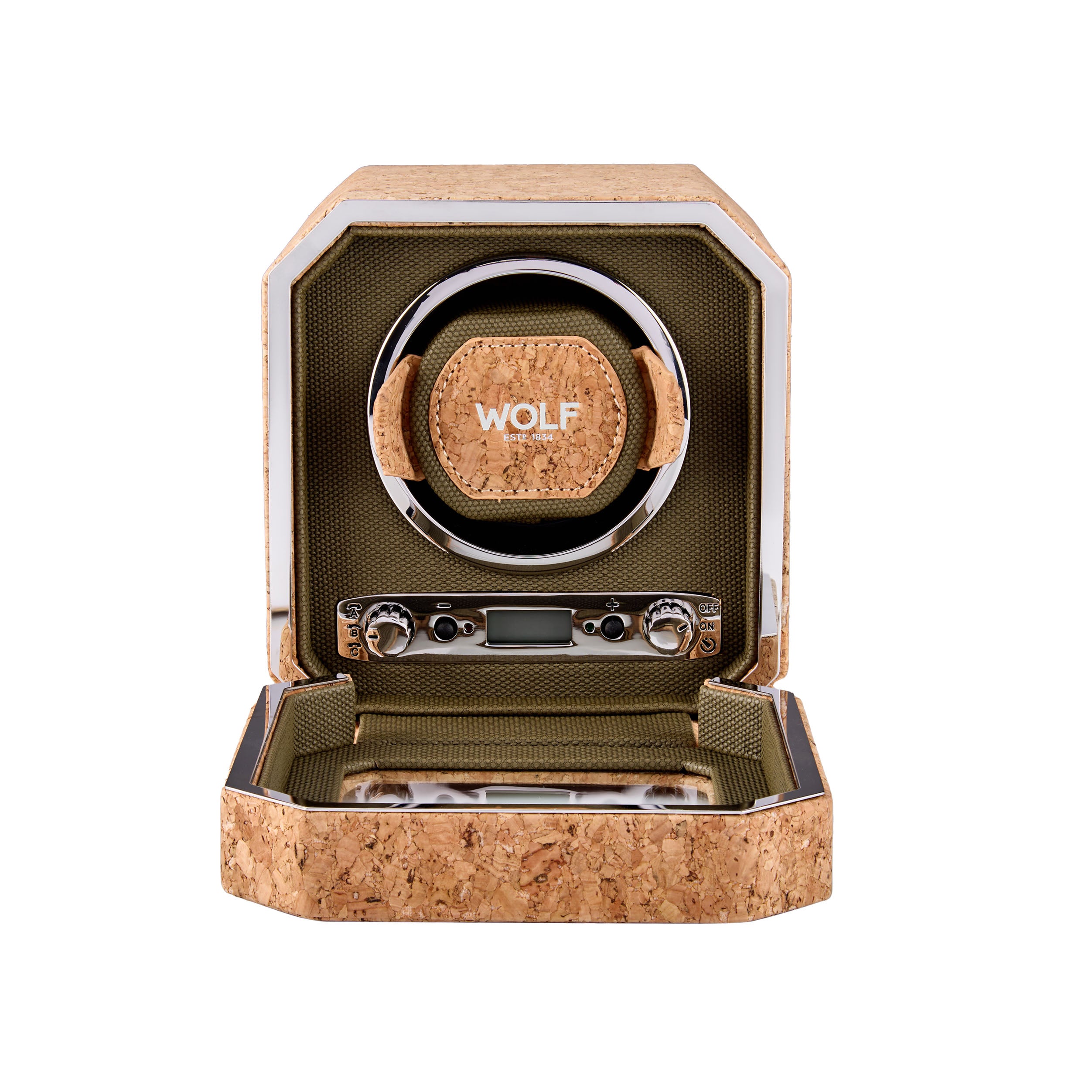 Wolf watch winder with cork design on a white background