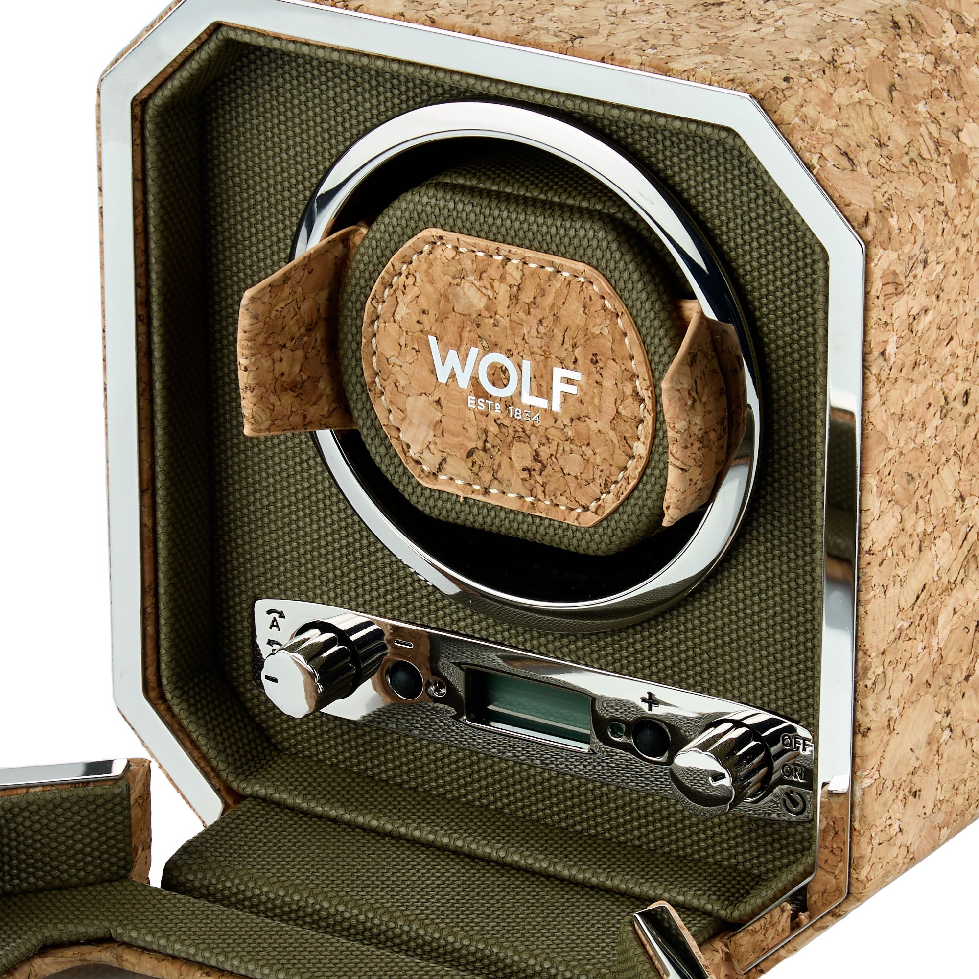 Wolf watch winder with cork strap in a wooden box