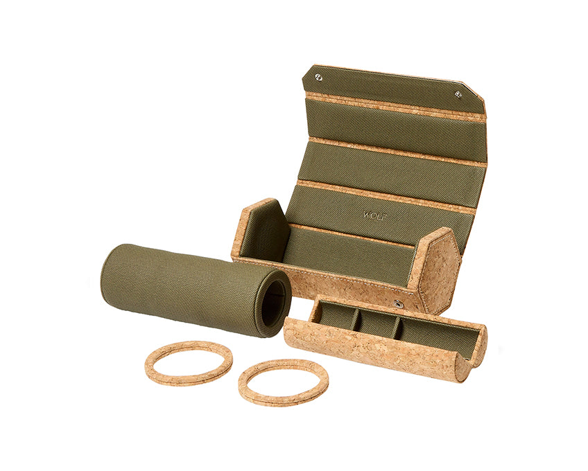 Wolf Green and brown travel case with accessories on a white background