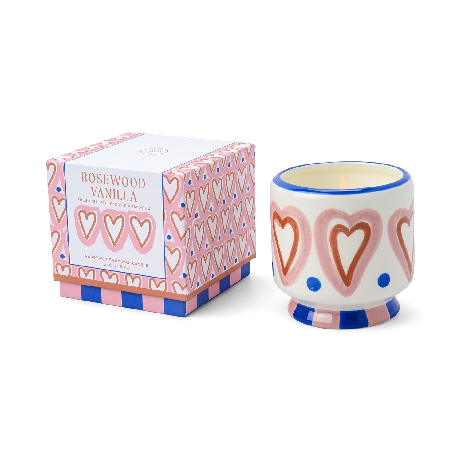 Ceramic candle with heart design and matching box on a white background. ROSEWOOD VANILLA SCENT