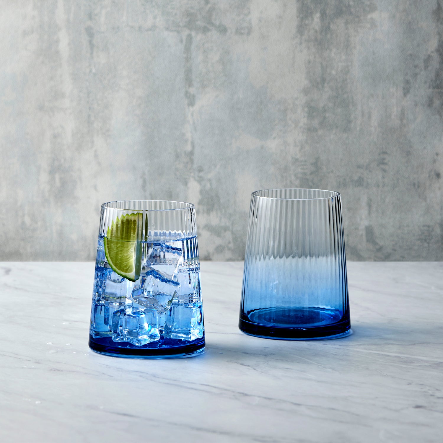 DRH Set of 2 Empire Blue Ribbed Glass Tumbler