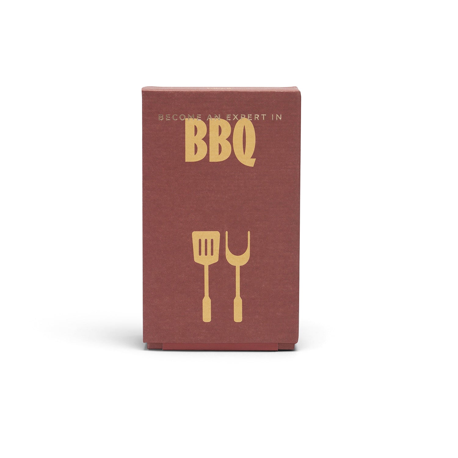 A rectangular reddish-brown book or guide titled 'Become an Expert in BBQ' with gold foil lettering and barbecue utensil graphics, standing upright on a white background.