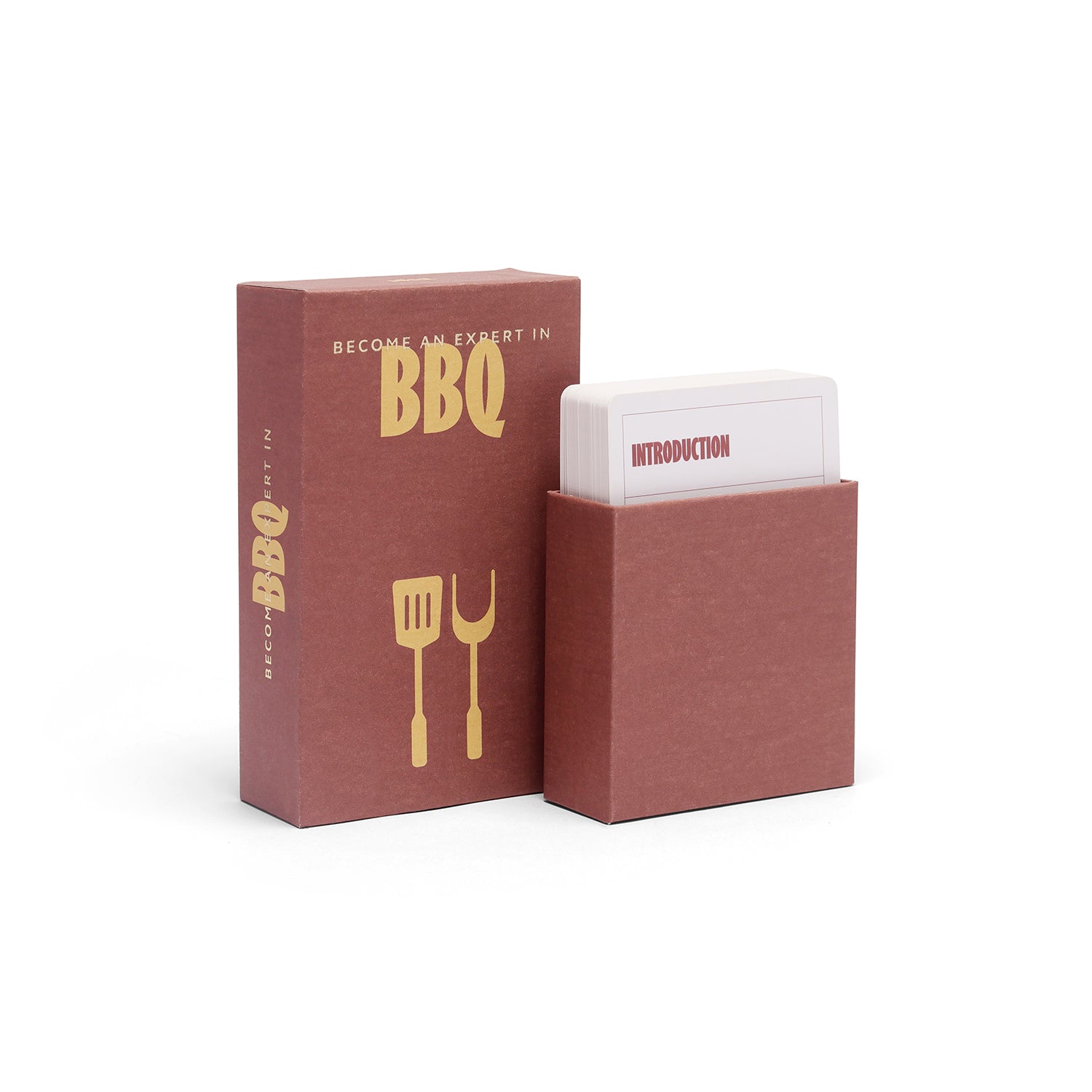 A boxed BBQ learning set on a white background, featuring a tall reddish-brown box with gold 'BBQ' lettering and utensil graphics, next to an open matching holder containing a white card titled 'INTRODUCTION'.