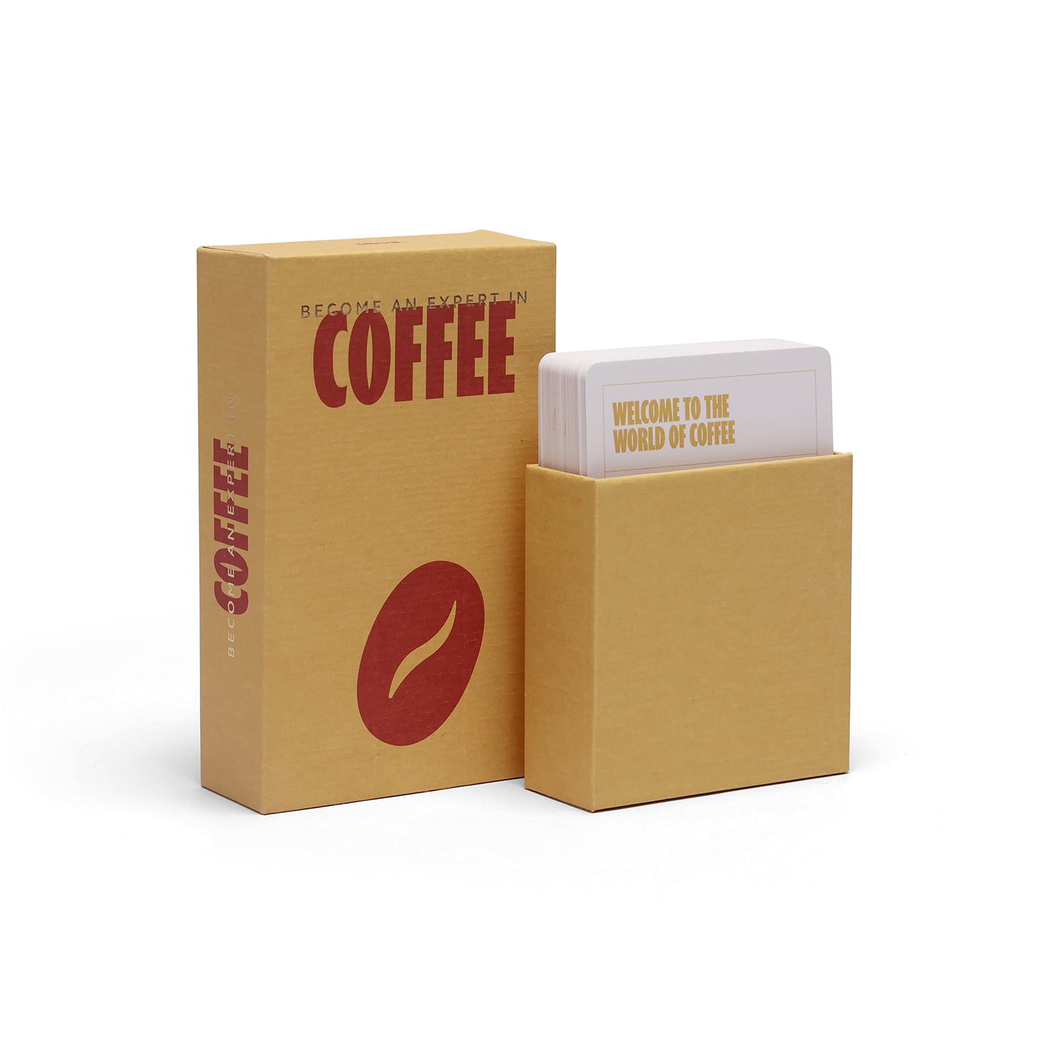A coffee-themed gift knowledge set featuring a tan cardboard box with bold red 'COFFEE' text and a coffee bean graphic, alongside a matching holder containing white cards printed with 'WELCOME TO THE WORLD OF COFFEE' in gold.