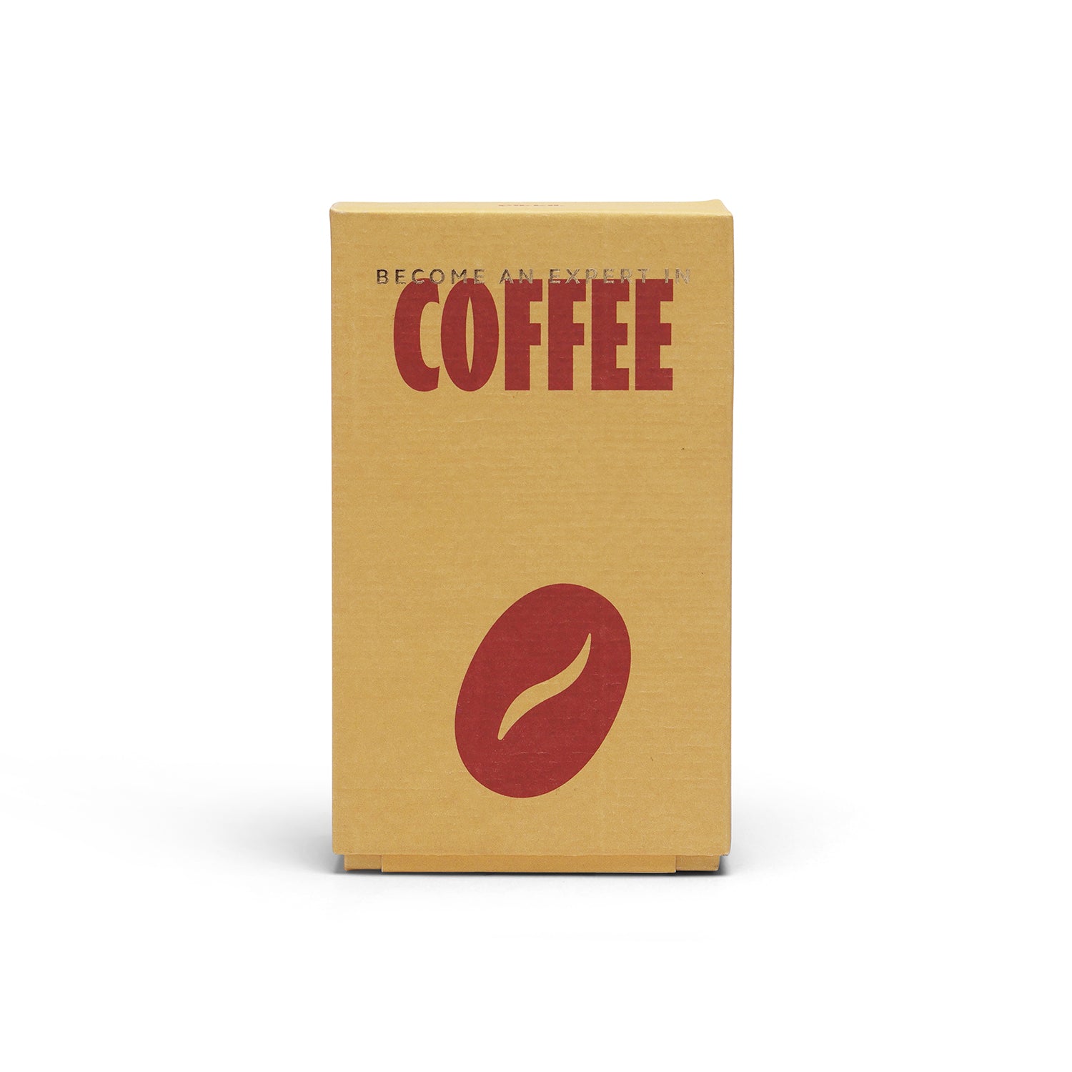 A minimalist kraft paper coffee box with bold red text reading 'COFFEE' and a large red coffee bean graphic on a clean white background.