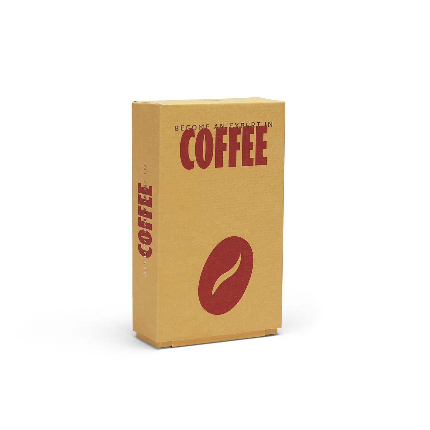 A rectangular cardboard box with a kraft-paper tan finish, featuring the word 'COFFEE' in bold red letters on the front and a large red coffee bean graphic below. The box is shown standing upright at a slight angle on a clean white background.