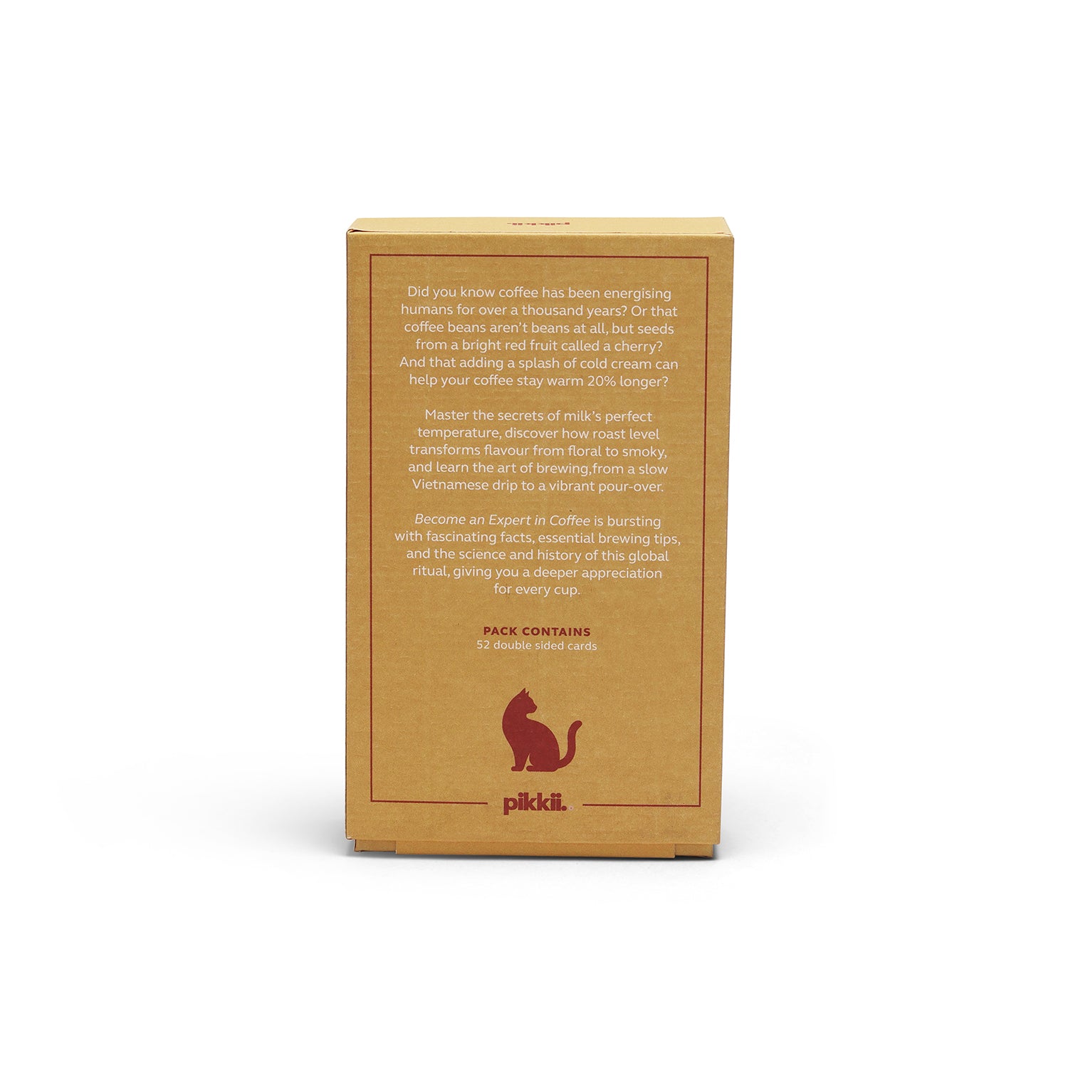 The back of a light brown kraft paper box for Pikkil coffee, featuring white descriptive text and a red cat logo, set against a plain white background.