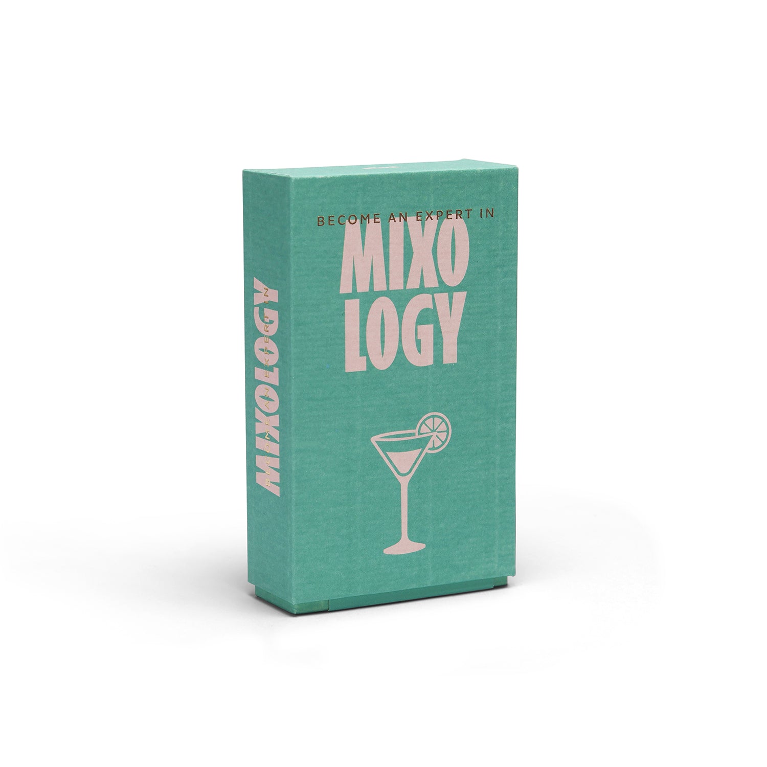 A mint green rectangular box with the title 'MIXOLOGY' in large pink letters and a pink martini glass illustration, shown on a clean white background.