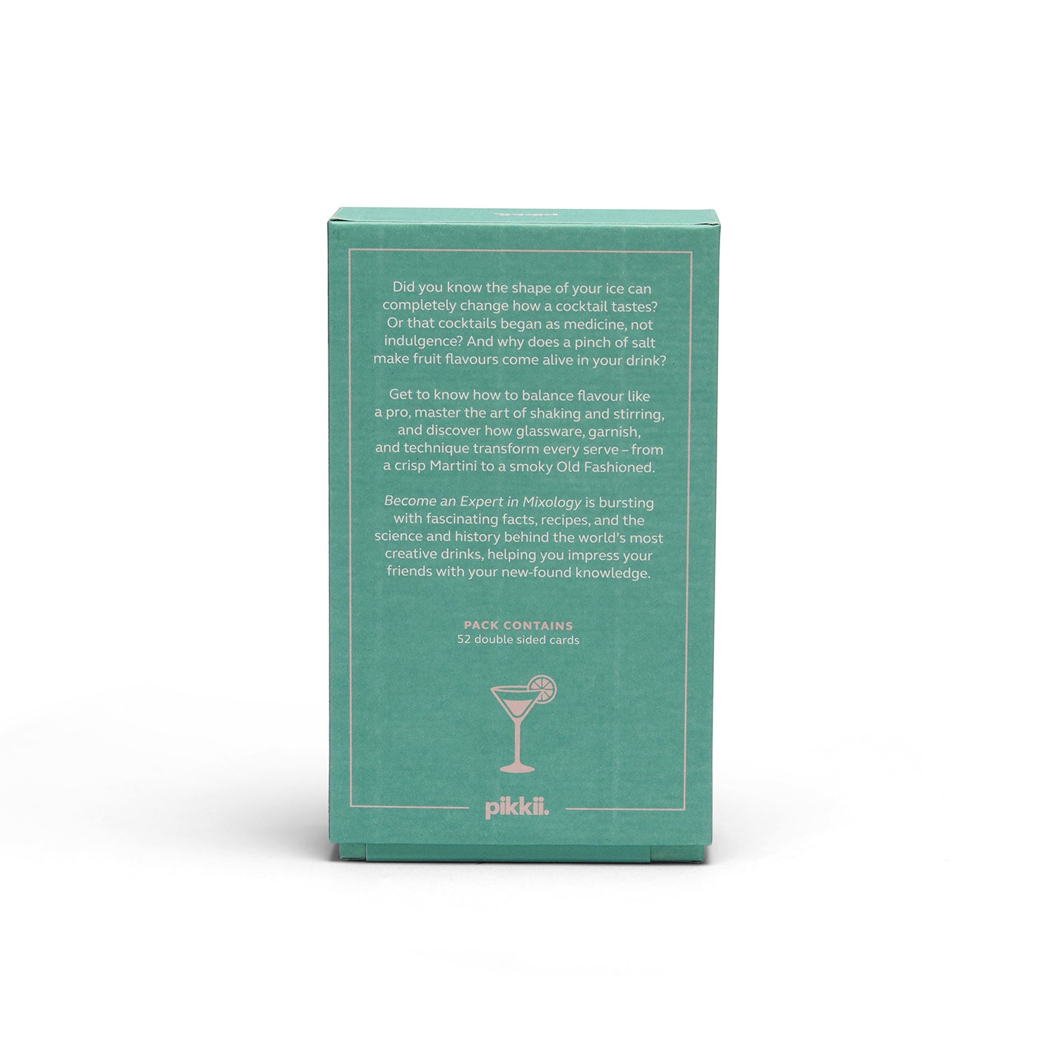 A mint green rectangular box for Pikkii cocktail mix, showing the back cover with white text and a small martini glass icon, photographed on a clean white background.