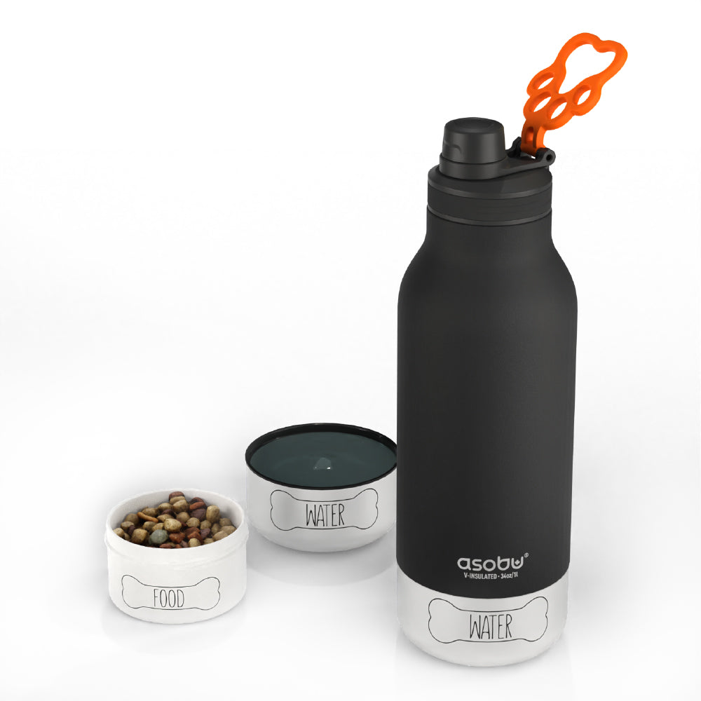 Black water bottle with orange lid and two pet bowls labeled 'Food' and 'Water' on a white background.
