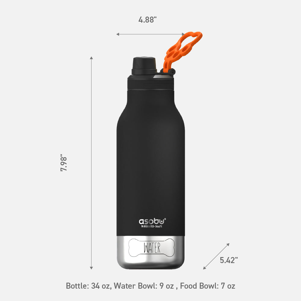 Black water bottle with measurements and 'asoby' branding on a white background