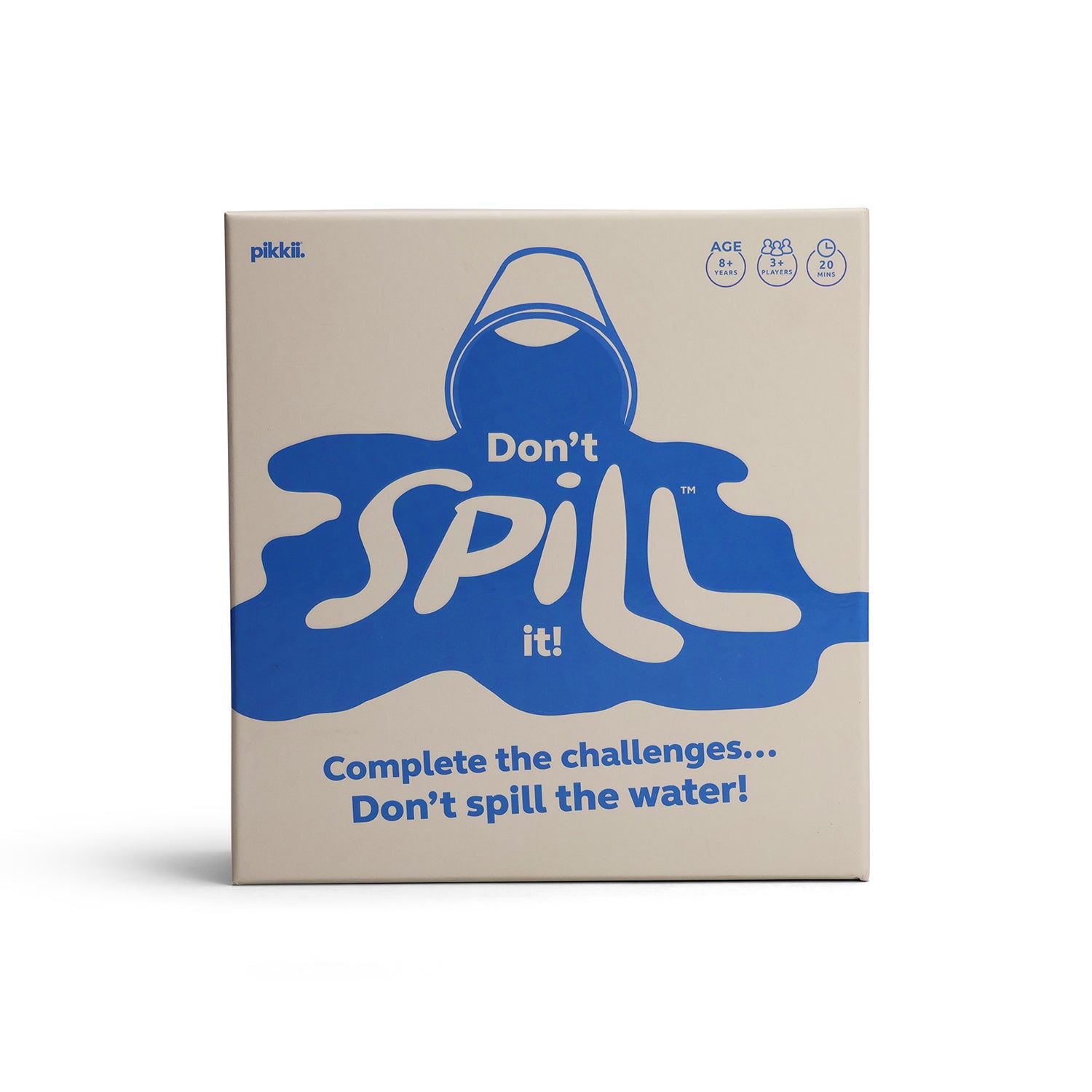 A square product box for 'pikkil Don't SPILL it!' featuring a beige background with a bold blue and white graphic of a spilled bucket and text, shown on a clean white background.
